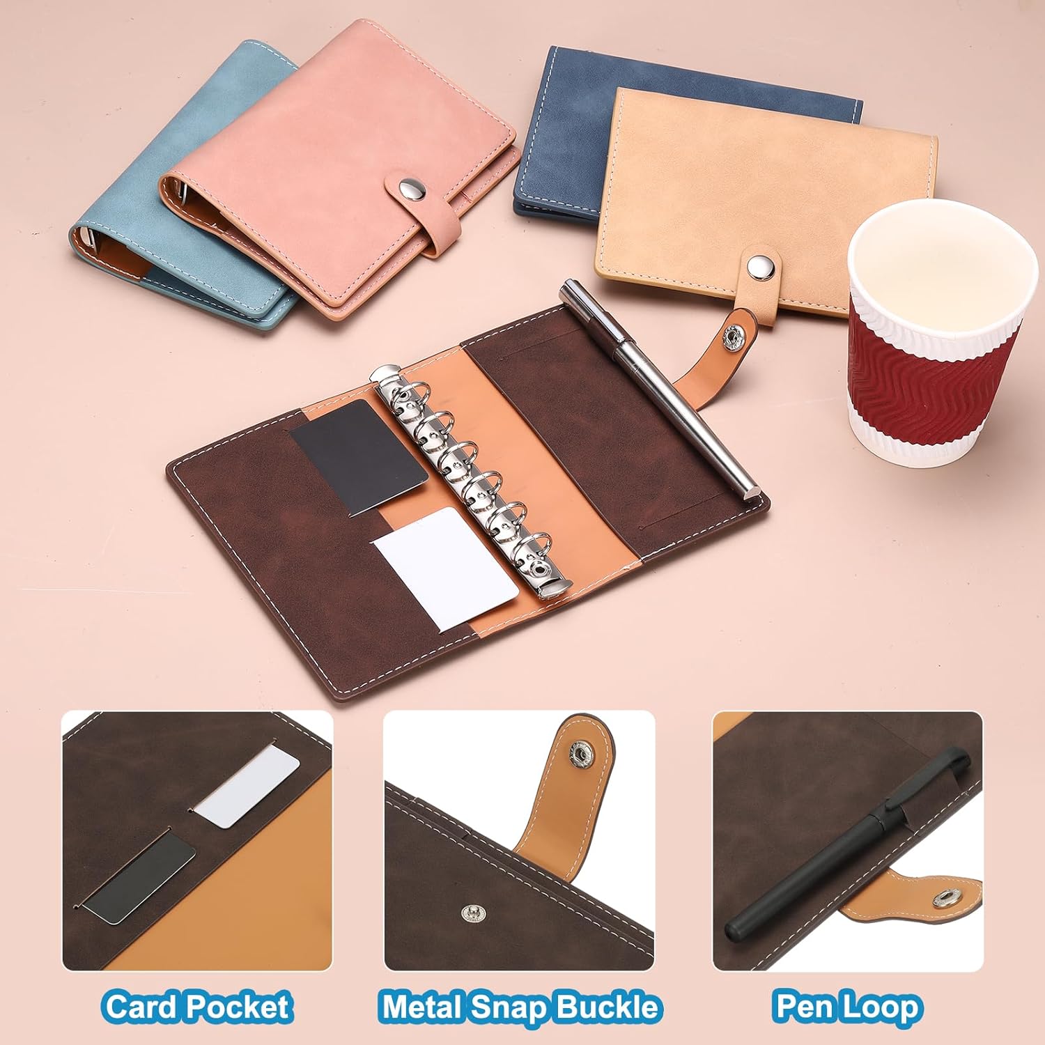 PATIKIL A7 PU Leather Binder Cover, 6 Ring Loose Leaf Binder Protector Round Ring Binder Cover Refillable Notebook Binder for Meeting Photocard Budget Notebook Folder, Dark Brown - Image 3