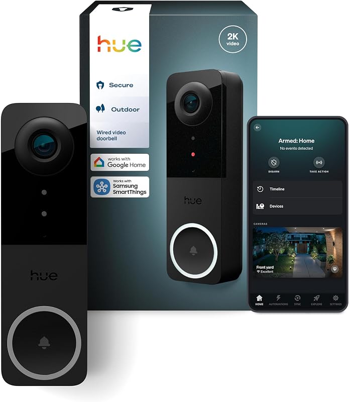 Timbre con vídeo seguro con cable, resolución 2K, vista gran angular, notificaciones, cámara de timbre con luces Hue integradas, audio bidireccional, visibilidad nocturna por infrarrojos, negro