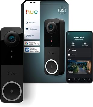 PHILIPS Hue Secure Wired Video Doorbell, 2K Resolution, Wide Angle View, Notifications, Doorbell Camera with Integrated Hue Lights, Two-way Audio, Infrared Night Visibility, Black