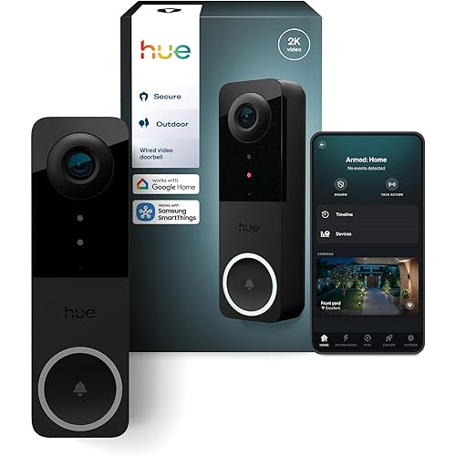 PHILIPS Hue Secure Wired Video Doorbell, 2K Resolution, Wide Angle View, Notifications, Doorbell Camera with Integrated Hue Lights, Two-way Audio, Infrared Night Visibility, Black