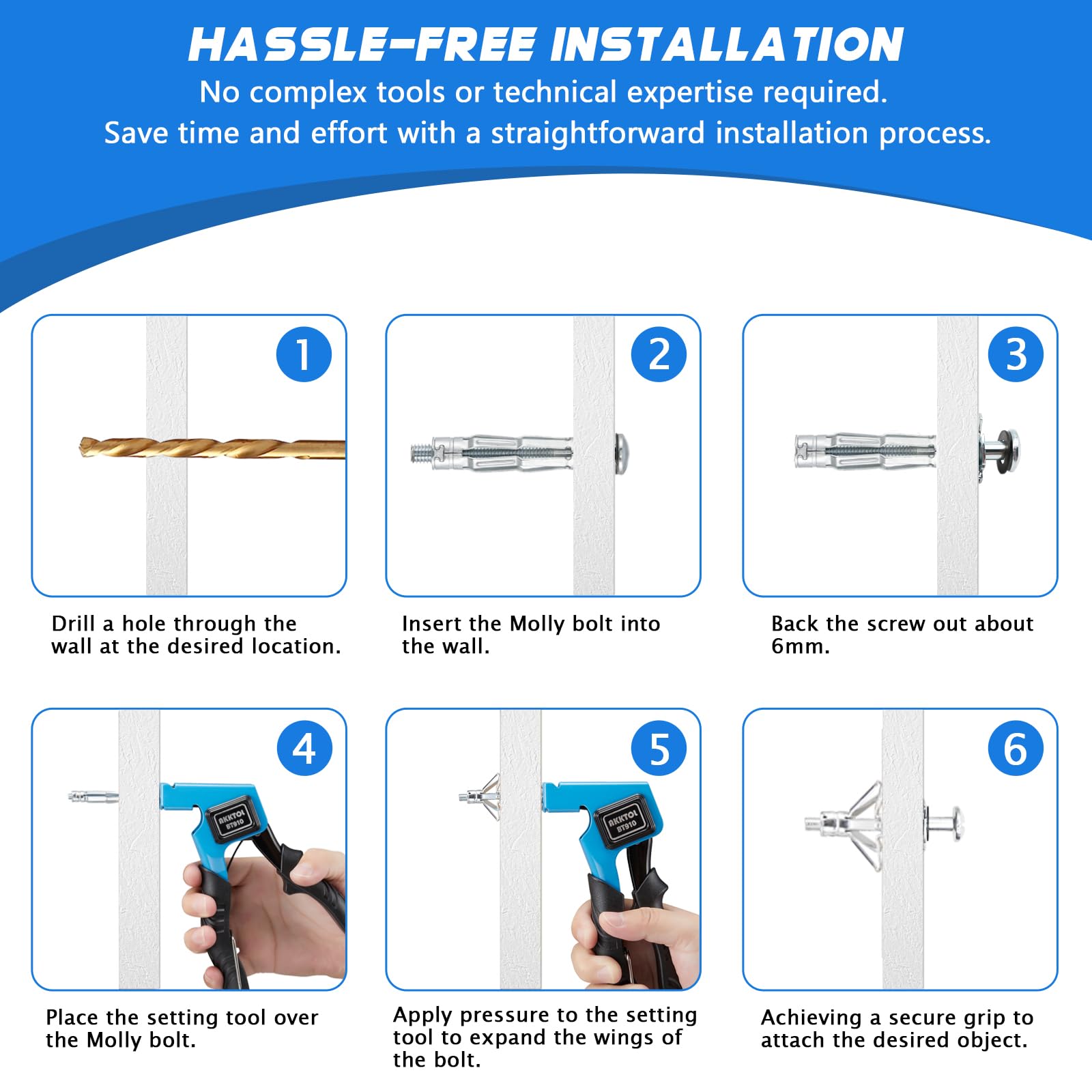 Pinza, Pistola Per Tasselli Metallici, Kit di pinza e 40 Tasselli Di Ancoraggio Resistenti Per Cartongesso Pareti Cave