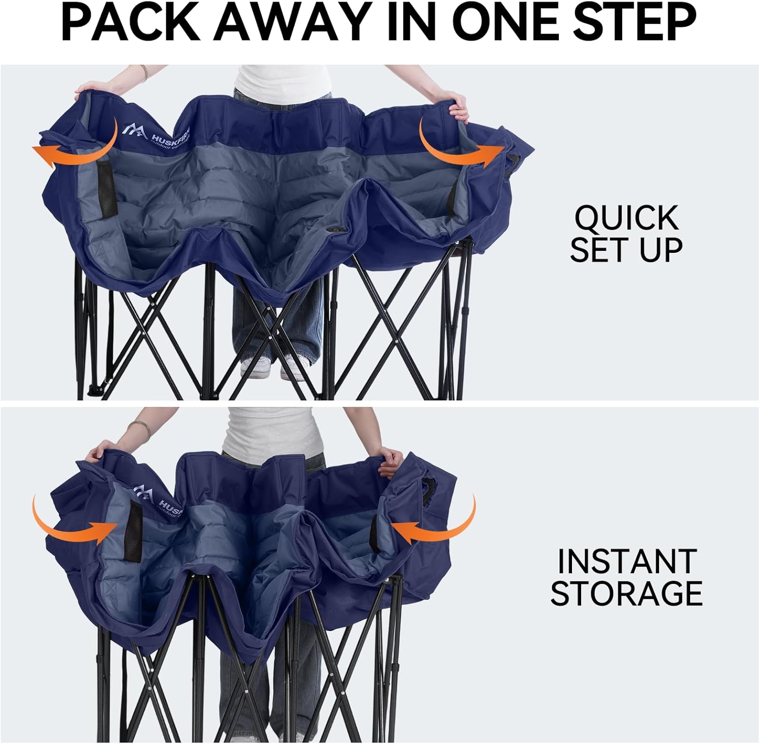 Huskfirm 3 Person Camping Chairs Folding Double Camping Chair Portable Oversized Loveseat Padded Camp Chair Heavy Duty Camping Couch for Adults Outdoor Lawn with Two Cup Holders and Carry Bag Blue
