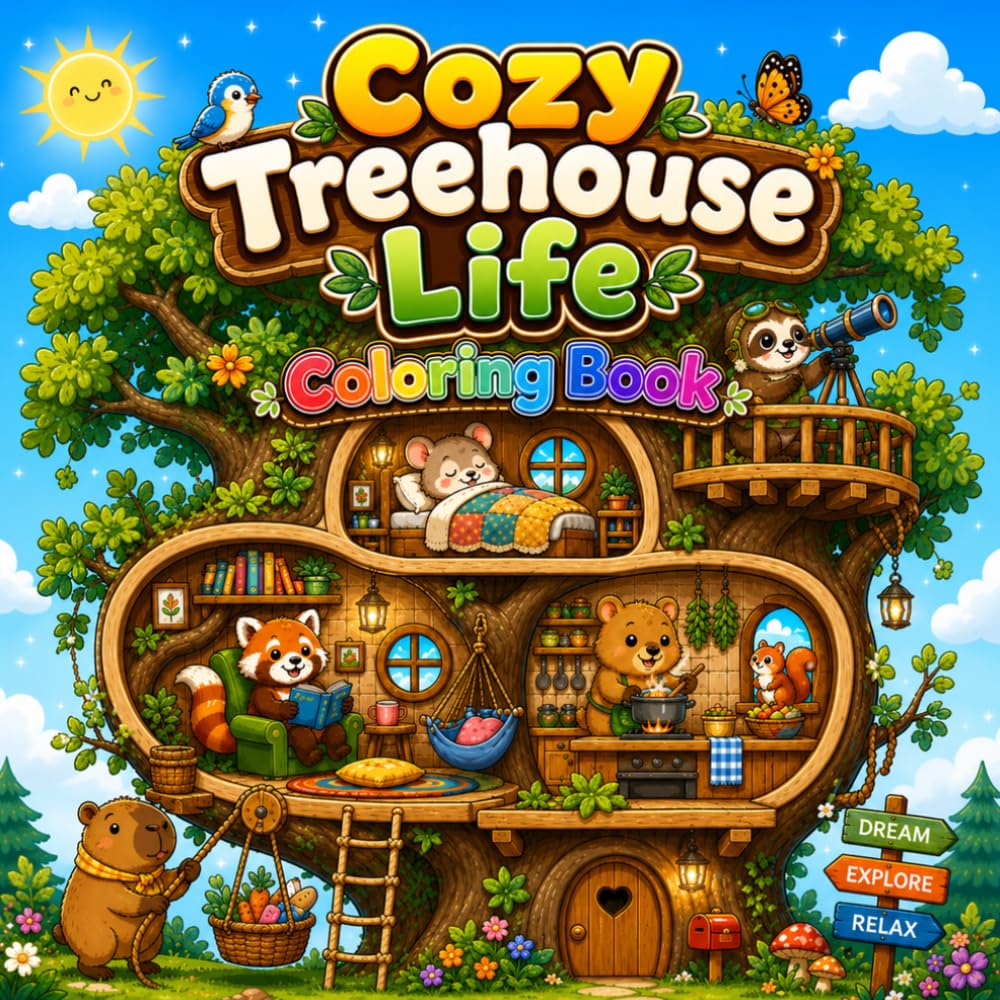 Cozy Treehouse Life Coloring Book for Adults and Teens Featuring Cute Forest Animals, Fantasy Tree Homes, Relaxing Cozy Cottage Scenes and Whimsical Nature Coloring Pages