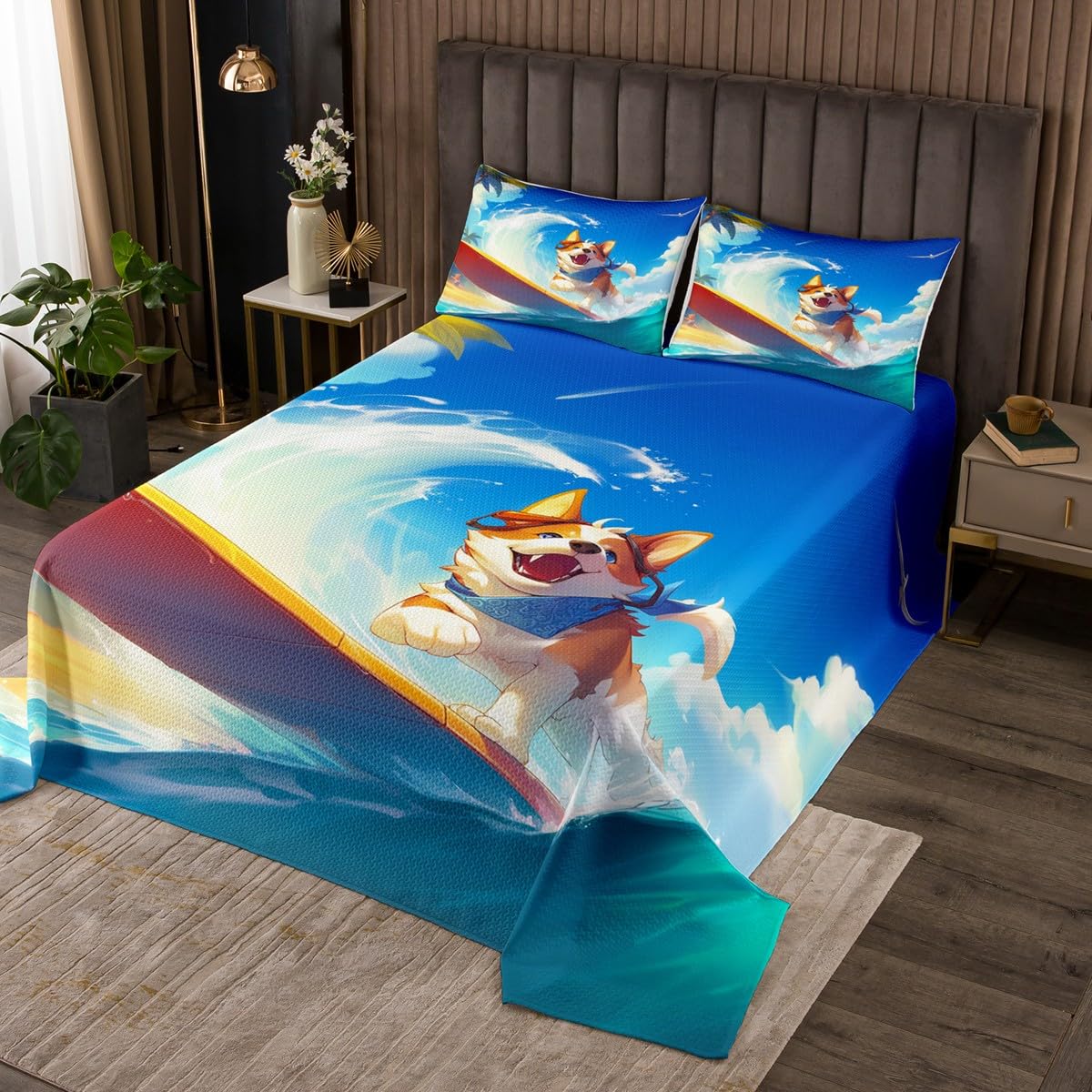 Erosebridal Cartoon Corgi Dog King Quilt Set Tropical Beach Coverlet Set, Ocean Sea Surfing Bedding Set Kids Summer Bedspread Set, Palm Tree Seagull Wave Bed Quilt