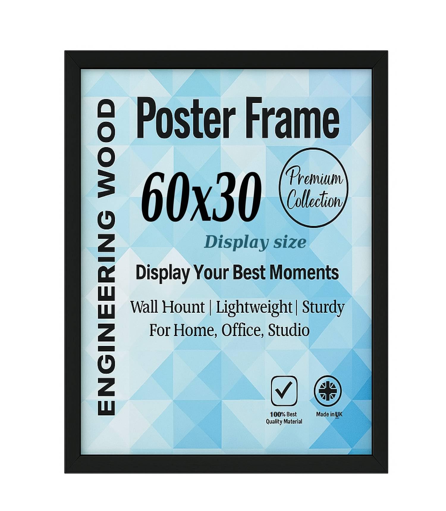 Modern Black Poster Frame 60x30 cm Size For Display MDF Wood Construction with Acrylic Glass - Picture Frame
