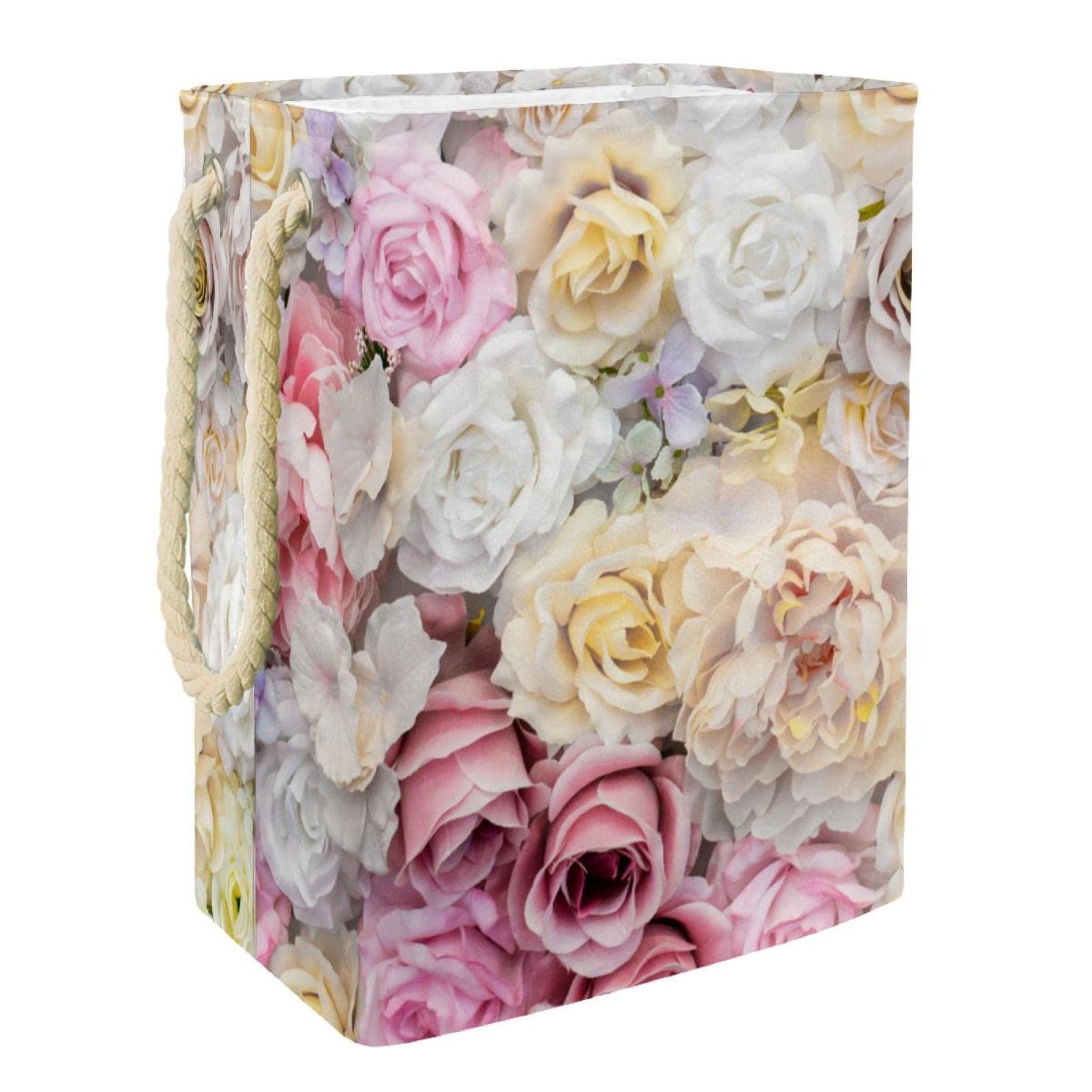 Grand panier à linge personnalisé motif roses pour rangement chambre