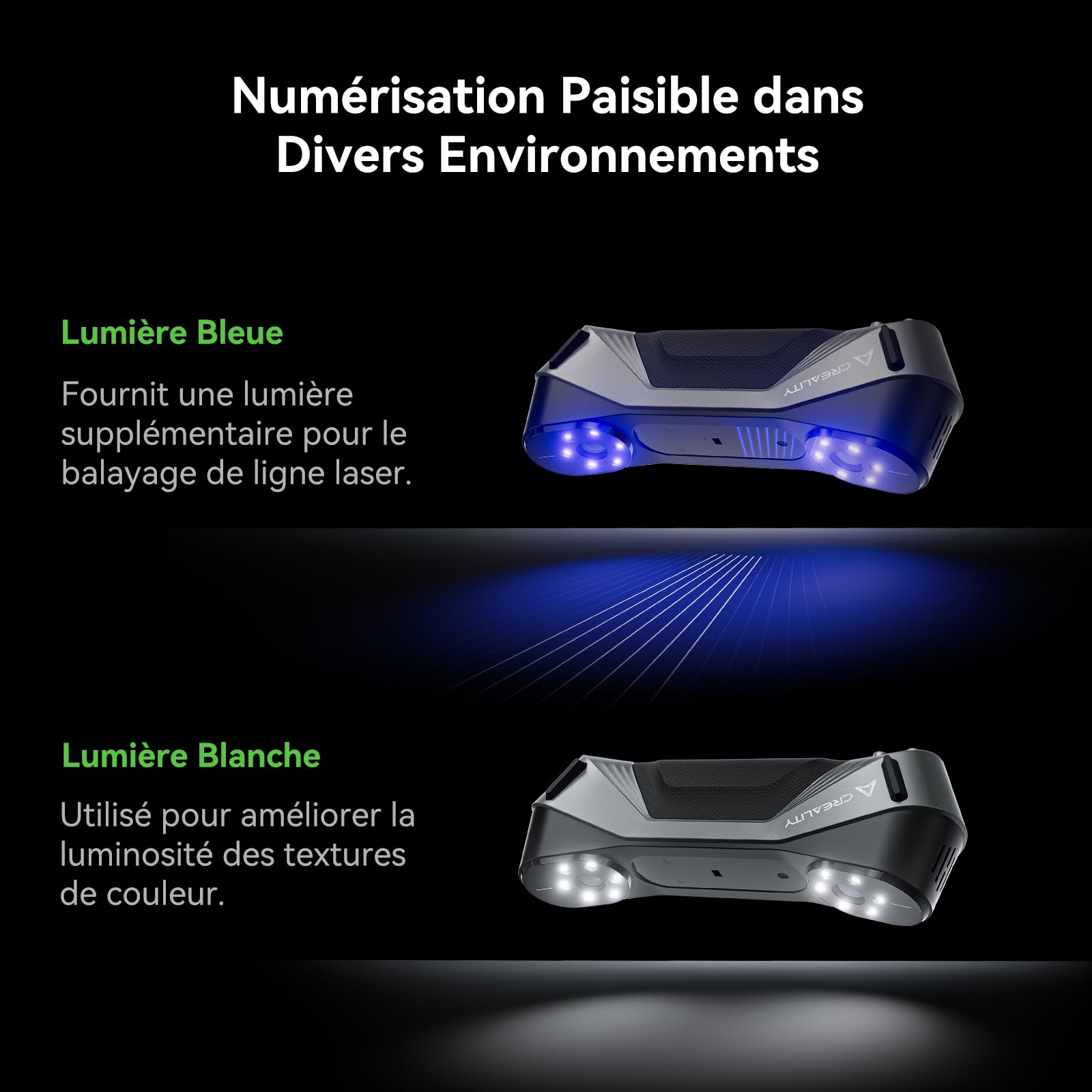 Creality CR-Scan Raptor Scanner 3D, 60 PFS, Portable, Prend en Charge le Mode Double Lumière Bleue/Proche Infrarouge, Précision 0,02 mm, 5mm-2000mm Numérisation/Rétro-Ingénierie de Pièces Automobiles