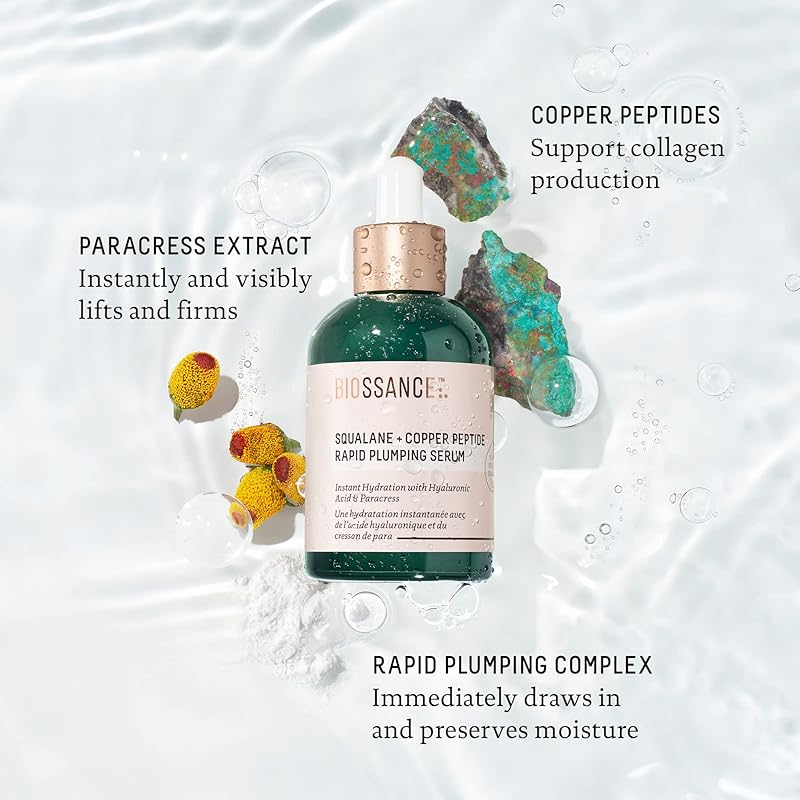 Woman applying plumping serum in a bright bathroom