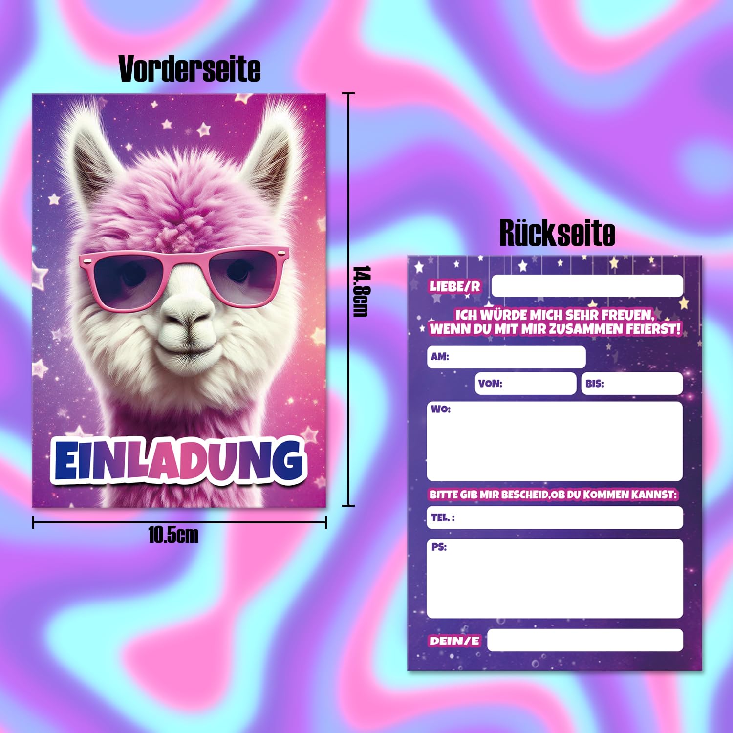 VULAVA 12x Lama Einladungskarten Mit Glitzer - Kindergeburtstag Einladungen + Umschläge | Alpaka Design