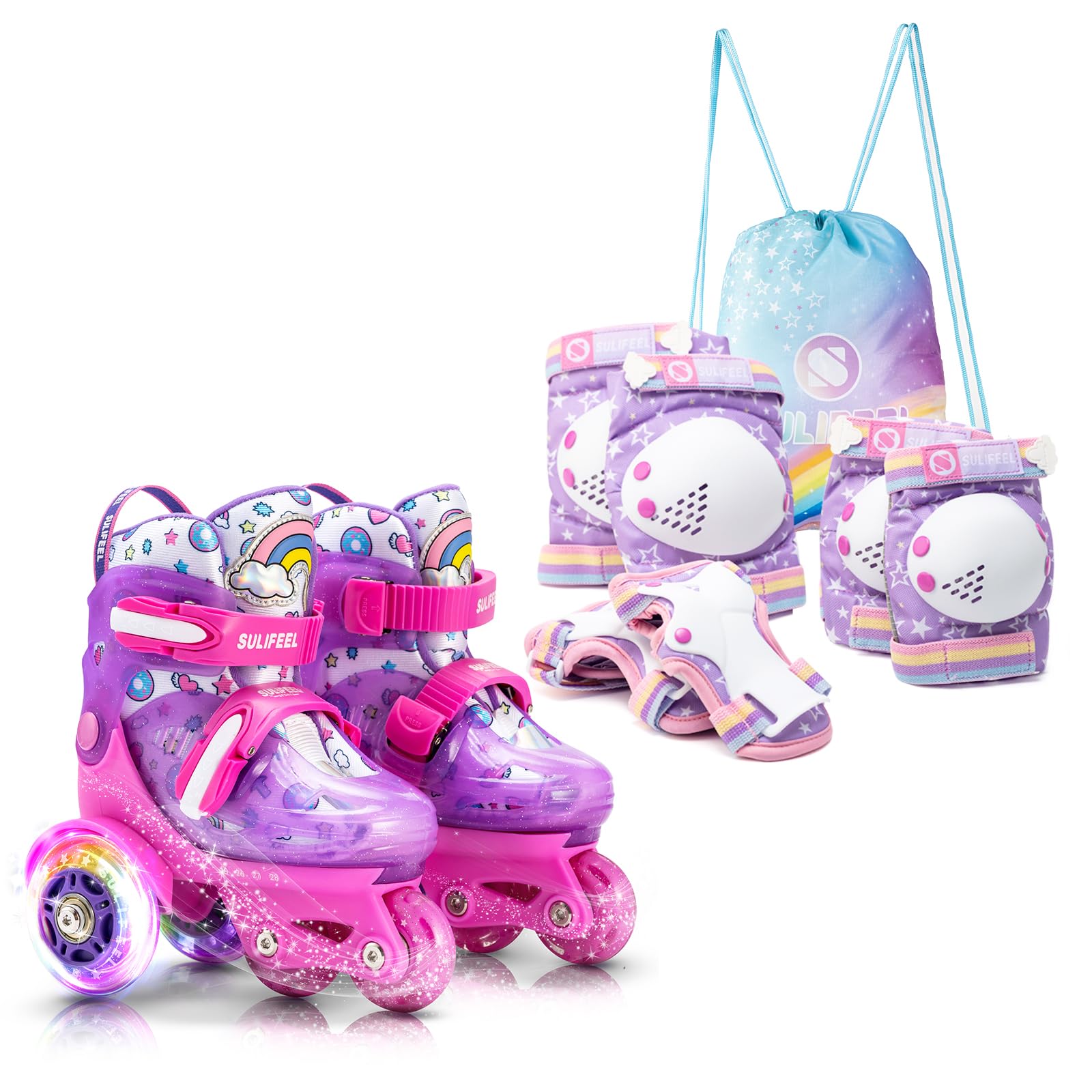 SULIFEELAdjustable Roller Skates for Beginner with Rainbow Unicorn Knee Pads Purple X Small