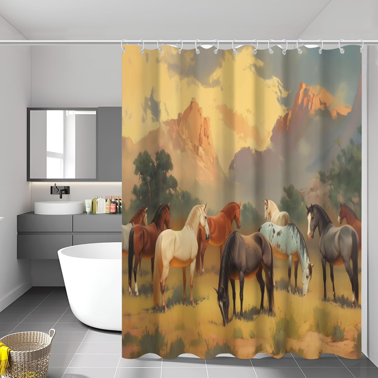 Rideau de douche cheval désert 180x200 cm en tissu polyester avec 12 crochets
