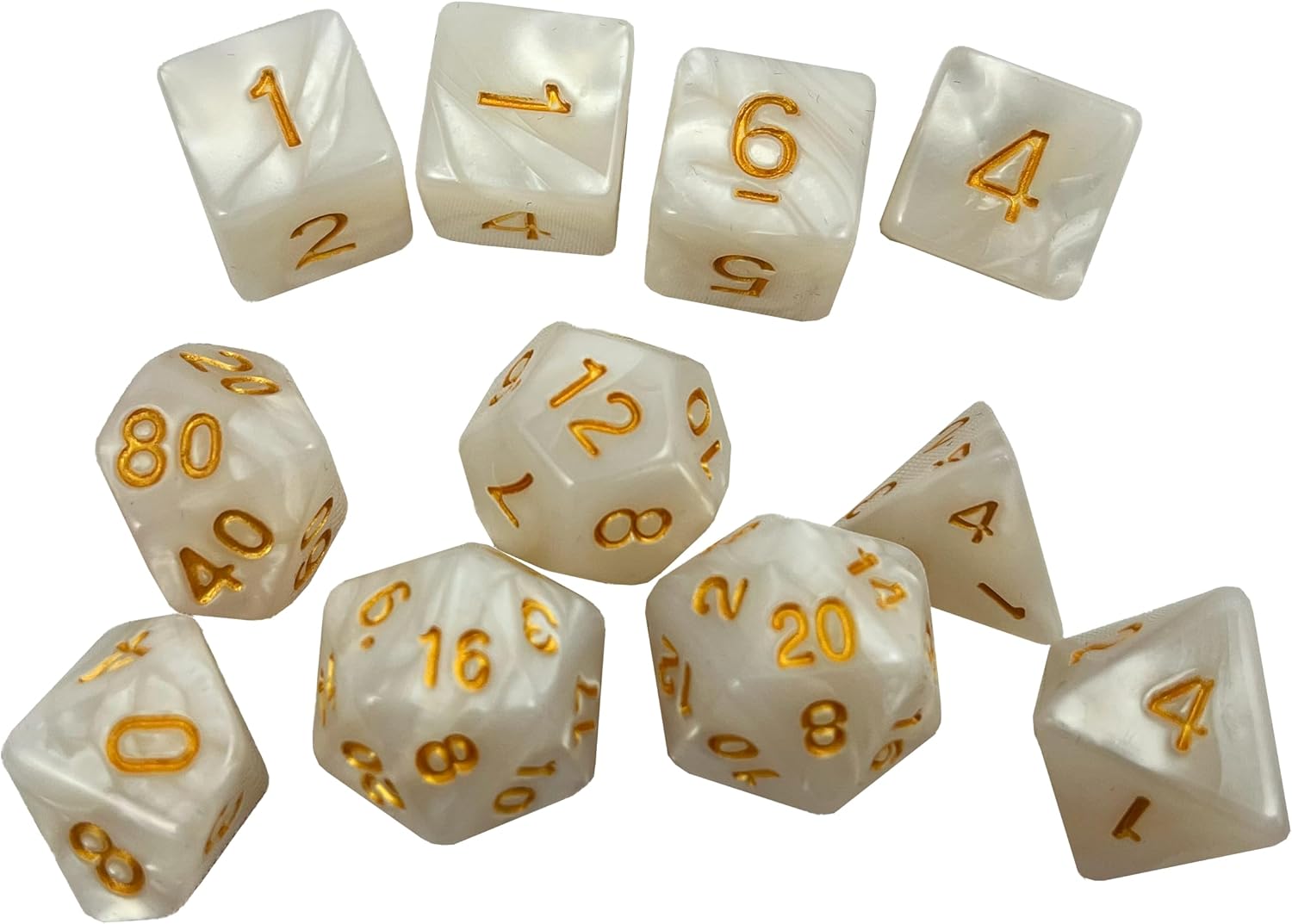 11-piece RPG Dice Set + Velvet Bag – Gold Text Acrylic with Marble Swirl Texture – Includes D4, D6, D8, D10, D12, D20, Percentile die (White)