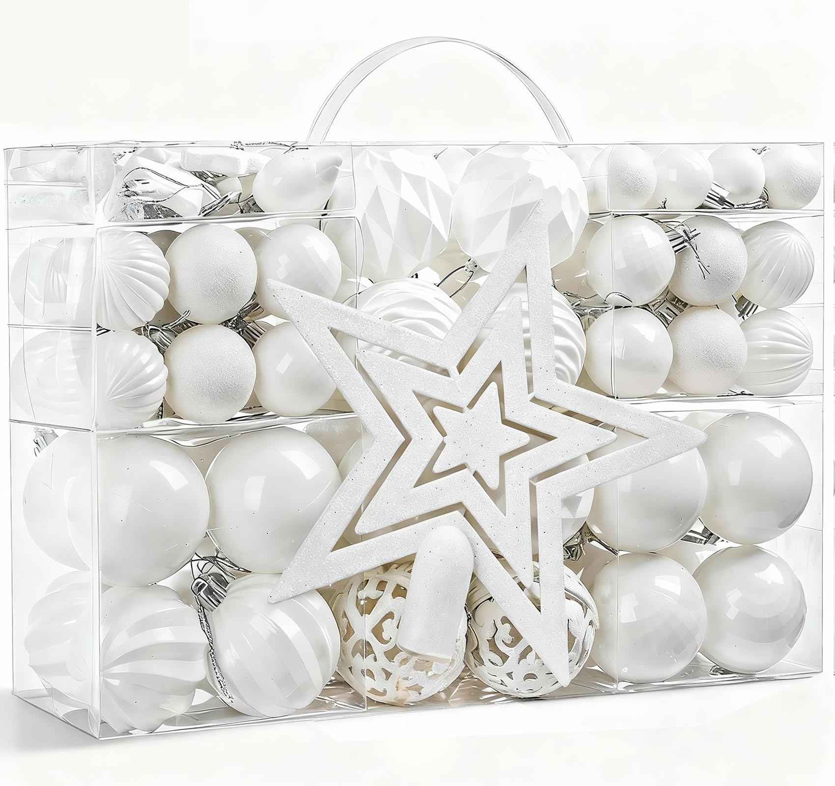 146pcs Christmas Tree Ball Ornaments for Xmas Tree Decoration, White Hanging Ornaments for Xmas Party Holiday Home Decorations (Hooks incl.)