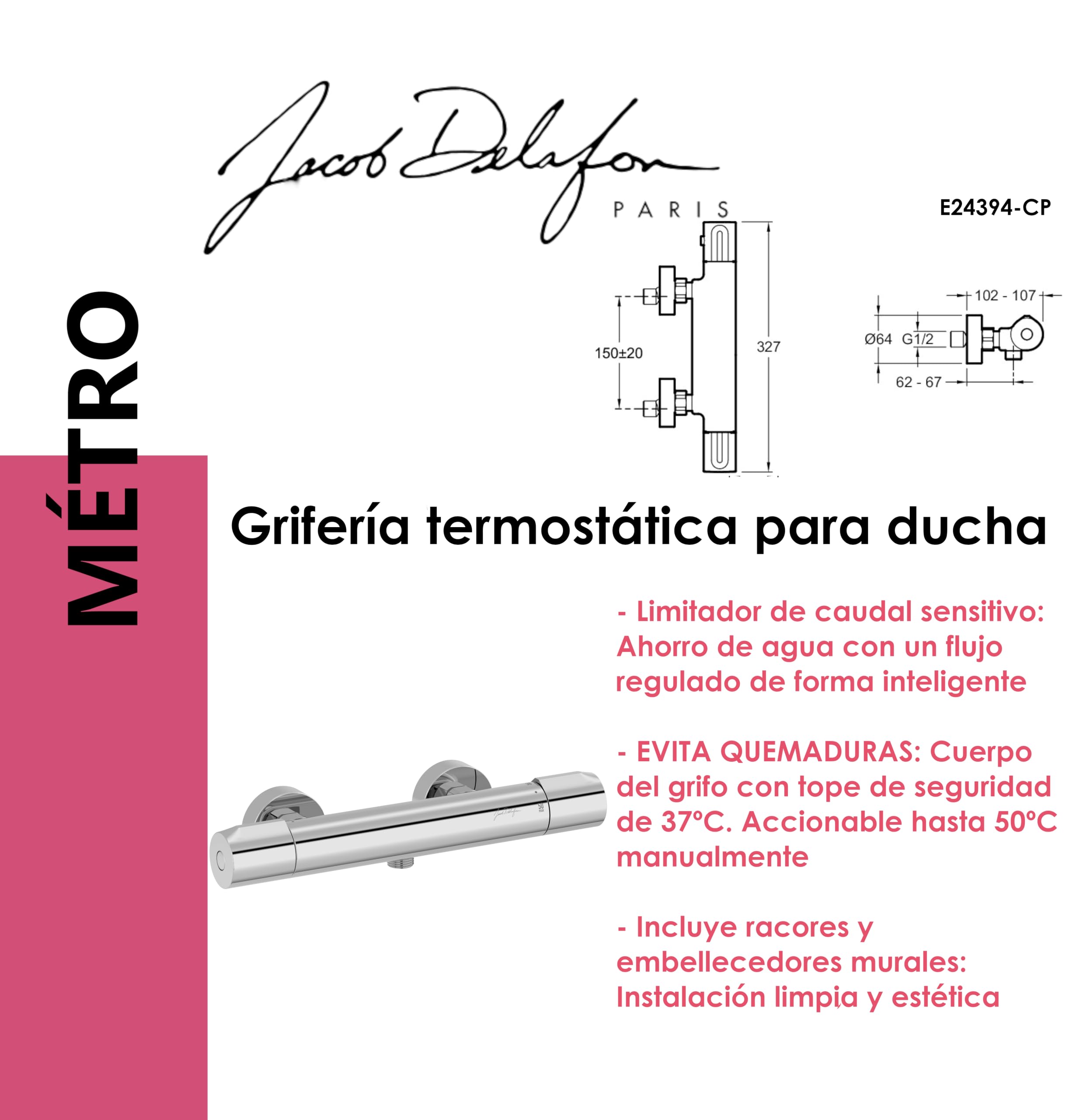 JACOB DELAFON Grifo Termostático de Ducha Grifería Monomando Termostática Mural con Limitador de Caudal Sensitivo Ahorro de Agua Máxima Seguridad Latón Cromado MÉTRO E24394-CP