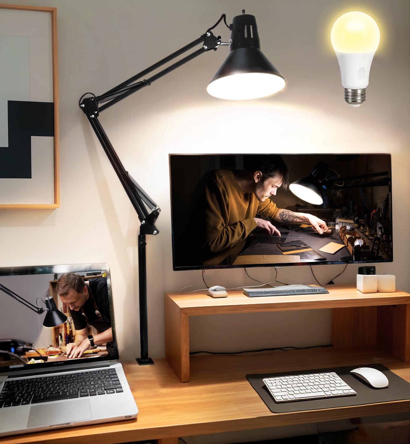 LED Desk Lamp With Clamp for Home Office Eye-Caring Clip on Light with Adjustable Extra Tall Metal Swing
