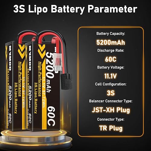 Miniatura 2 de Batería LiPo de 11.1 V 3S, 2 paquetes, 5200 mAh 60C RC Lipo Baterías Duro con Enchufe TR, Batería RC para Rc Car Rc Truck Avión Helicóptero Barco