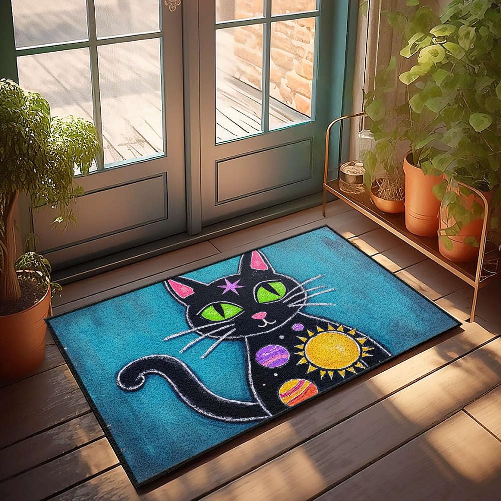 Tapis de bienvenue classe chat noir céleste pour un accueil bienveillant