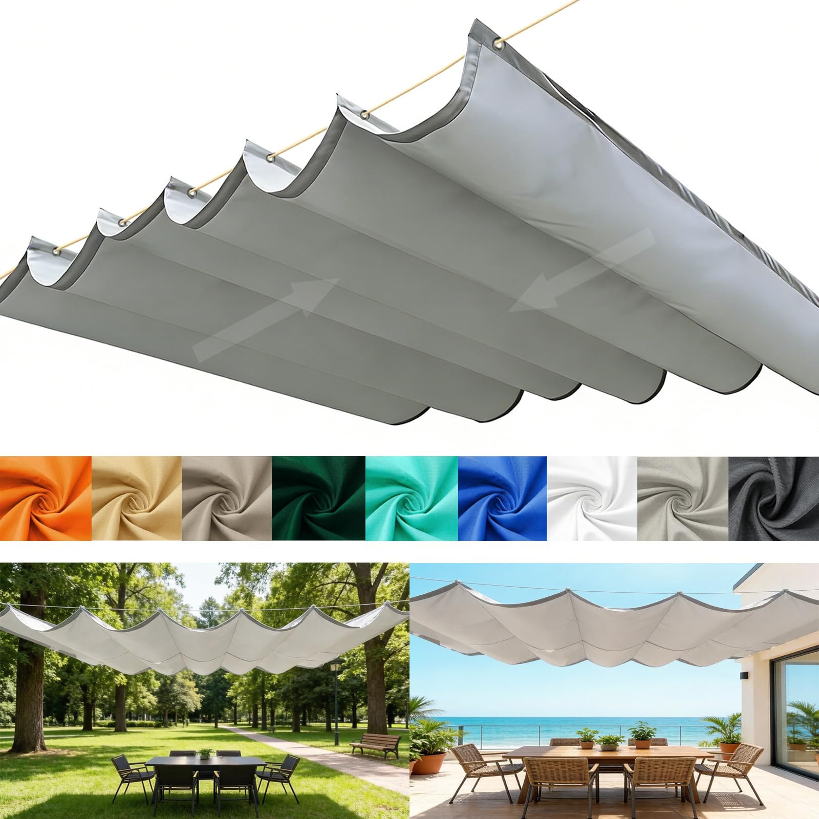Einziehbare Welle Sonnensegel, Verstellbar Schattenabdeckung mit Ösen und Kordel, Sonnenschutz Wasserdicht Outdoor Pergola Markise für Balkon Terrasse Garten-Light Gray||200x400cm