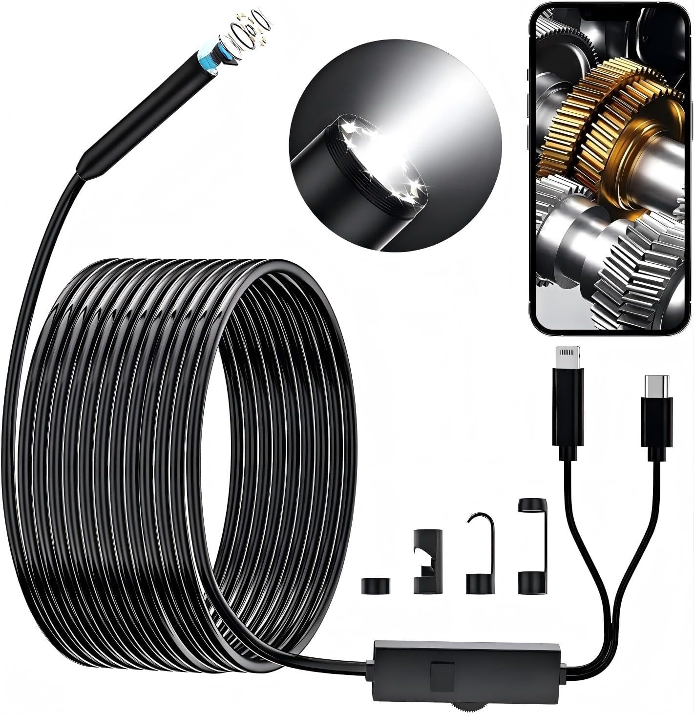 Endoscope Camera with Light,1920P HD Borescope, IP67 Waterpro of Inspection Snake Camera for Drain/Plumbing/Wall Automotive Engine, Semi-Rigid with 8 LED Lights, for iOS/Android,16.4ft