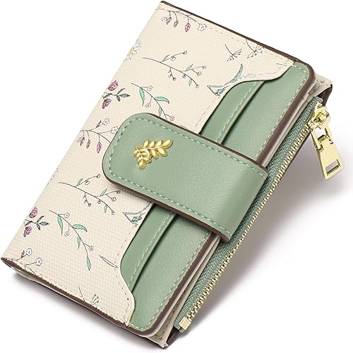 Billeteras pequeñas para mujer, con bloqueo RFID, bolsillo con cremallera, tarjetero con ventana de identificación, Verde, Slim