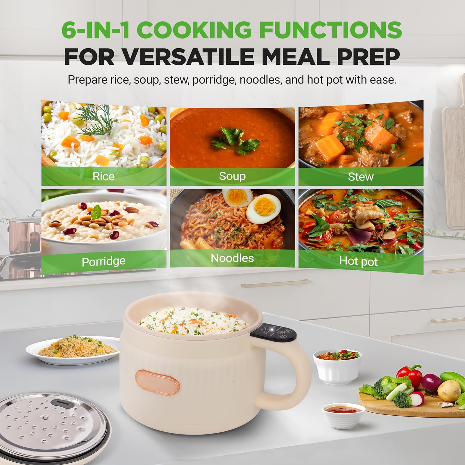 FfiMe Petit cuiseur à Riz, cuiseur à Riz Portable, Pot électrique 1,8 L, Six Modes, Pot antiadhésif, cuiseur à Nouilles pour dortoir de Voyage 1-2 Personnes