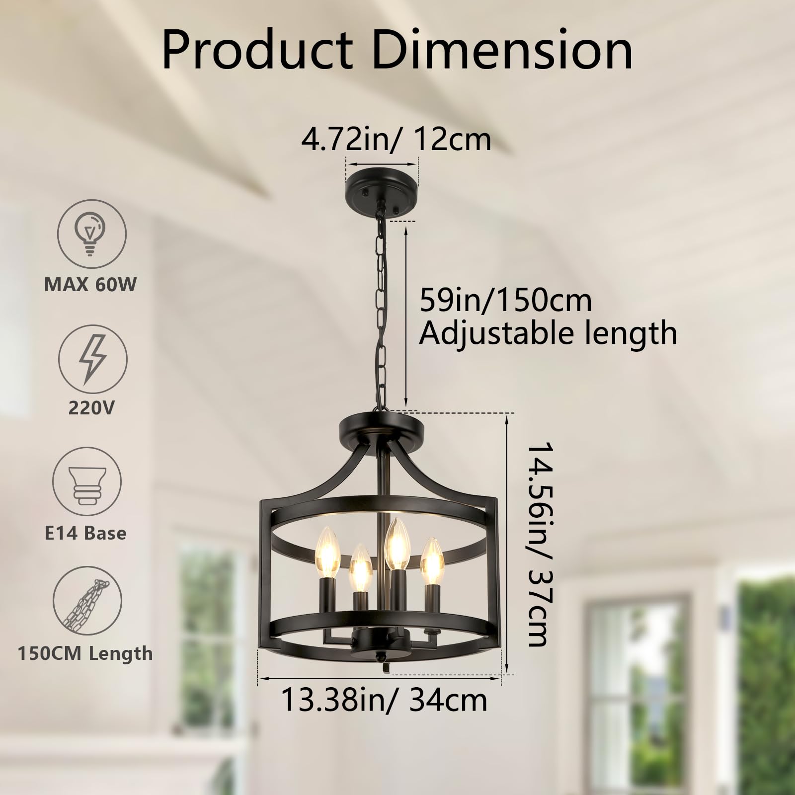 Kronleuchter Modern Schwarz Umwandelbare Landhaus Deckenlampe Wohnzimmer, 4 Lichter Rustikal Vintage Hängelampe Schlafzimmer, Höhenverstellbare Bauernhaus Pendelleuchte Deckenleuchte Flur