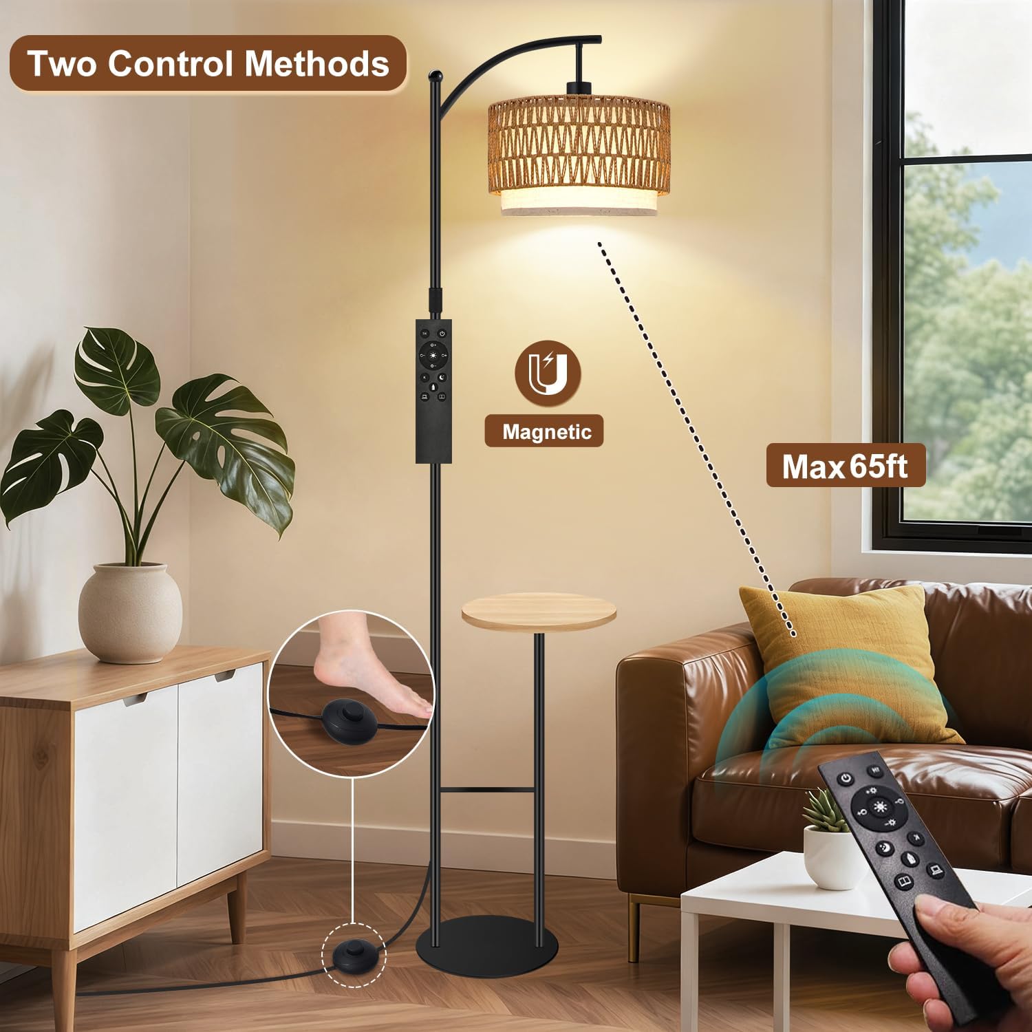 Vinaco Rattan Boho Floor Lamp with Table, Dimmable Floor Lamp with Remote Control Foot Switch, Wicker Tall Lamps 3 Color Temperatures, Adjustable Height Standing Lamps for Living Room Bedroom Office