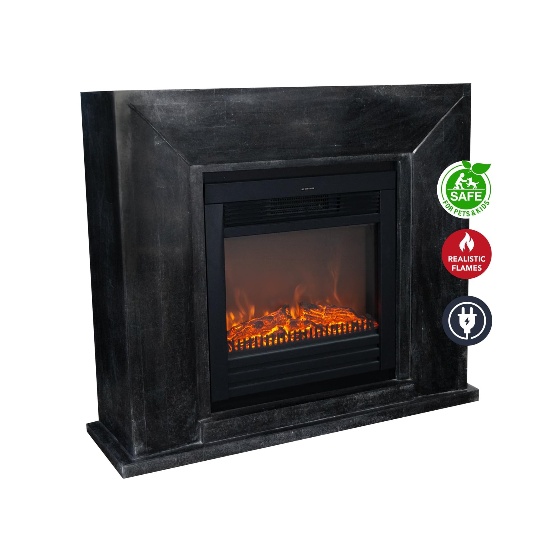 Xaralyn Nero - Camino elettrico con Lucius, antracite, rivestimento in pietra naturale nera, riscaldamento da 1400 Watt, telecomando