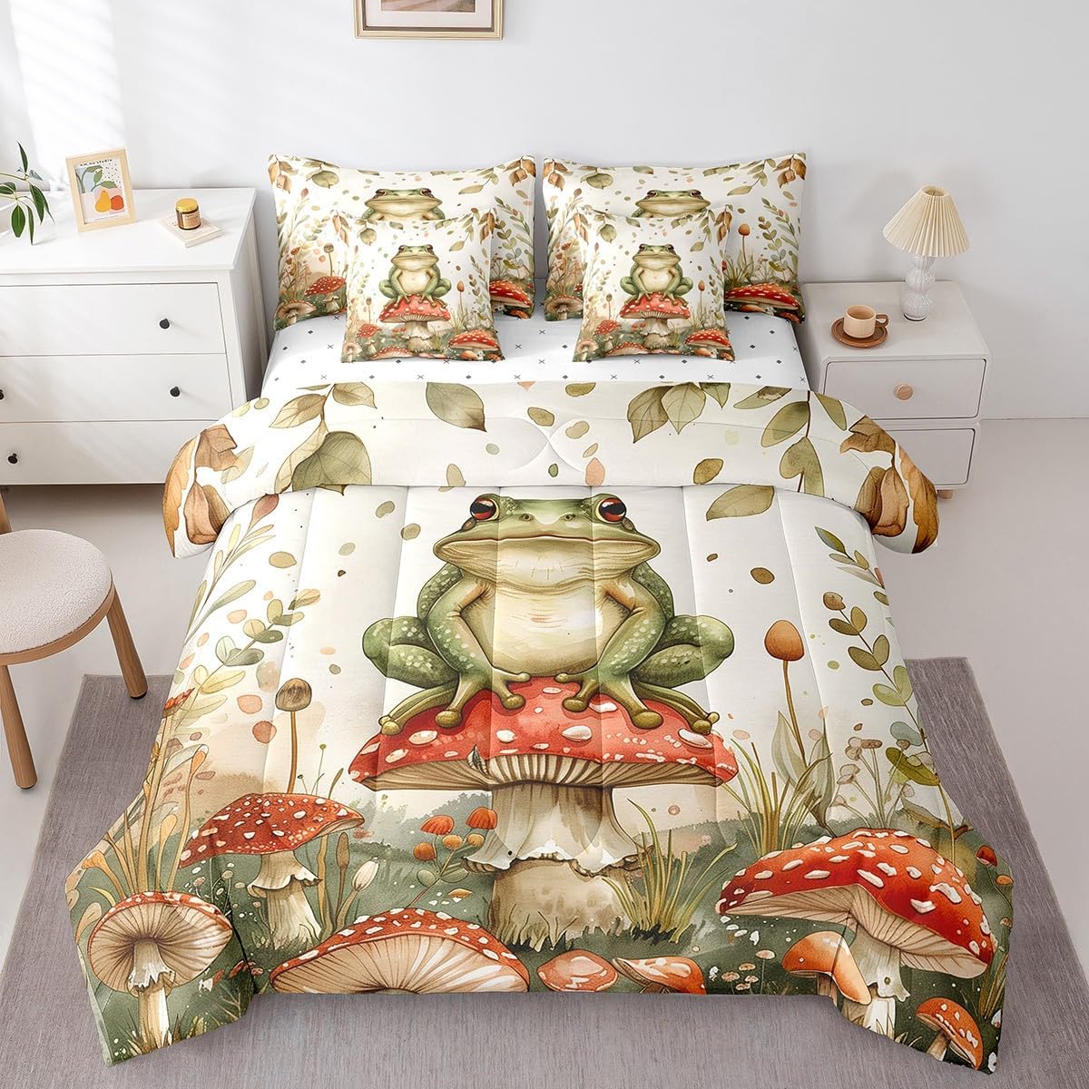jejeloiu Frog Comforter Set 7 Pieces Full Size Cute Mush Bed in a Bag Adult 3D Digital Print Tropical Amphibian Fall Leaves Bedding Set All Season Green Bed Set with Comforter, Sheet Set, Pillowcases