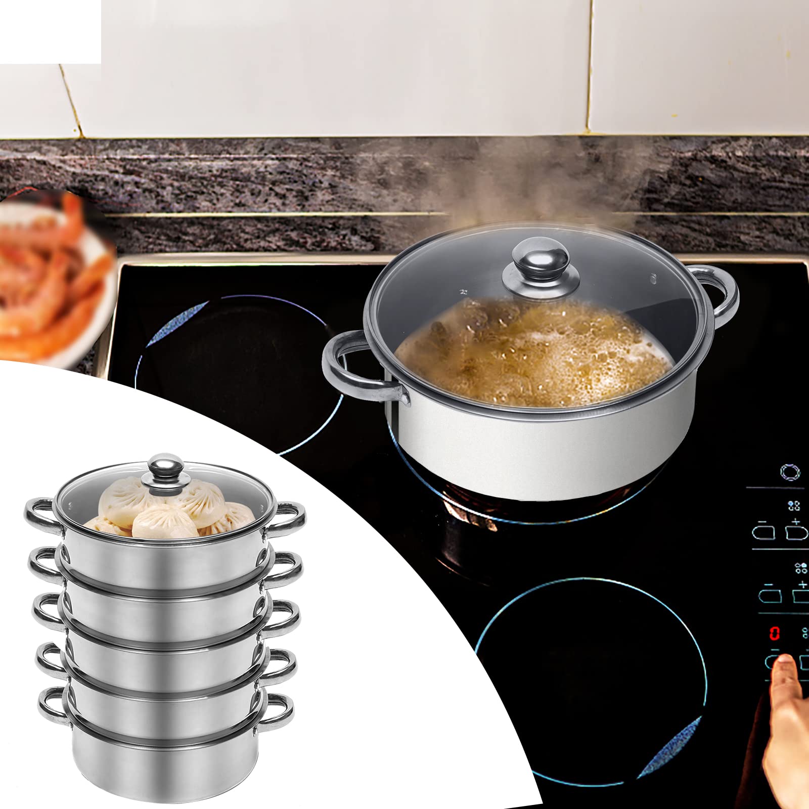 5-Tier Stainless Steel Steamer, Meat Vegetable Cooking Steam Pot Kitchen Steamer Cooker with Handle for Steaming Tamales, Veggie, Broccoli, Couscous, Pasta And Dumplings