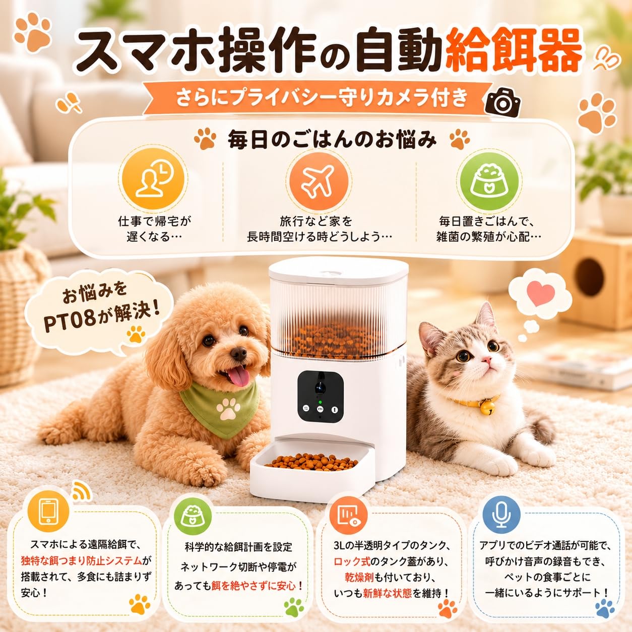 Amazon | 自動給餌器 猫 小型・中型犬用 3L ペット 餌やり カメラ付き