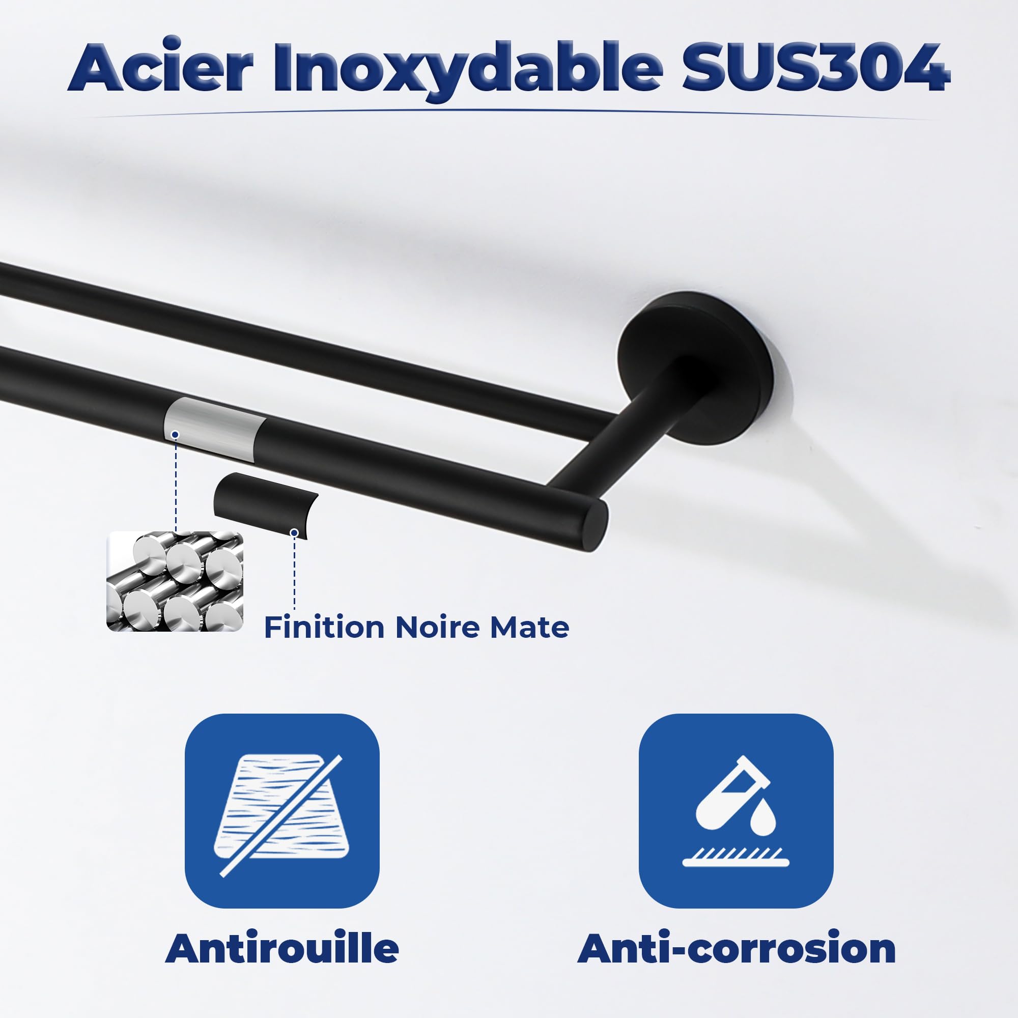 SAYAYO Porte Serviette Mural Double Barres Salle de Bain, Noir Mat 70CM