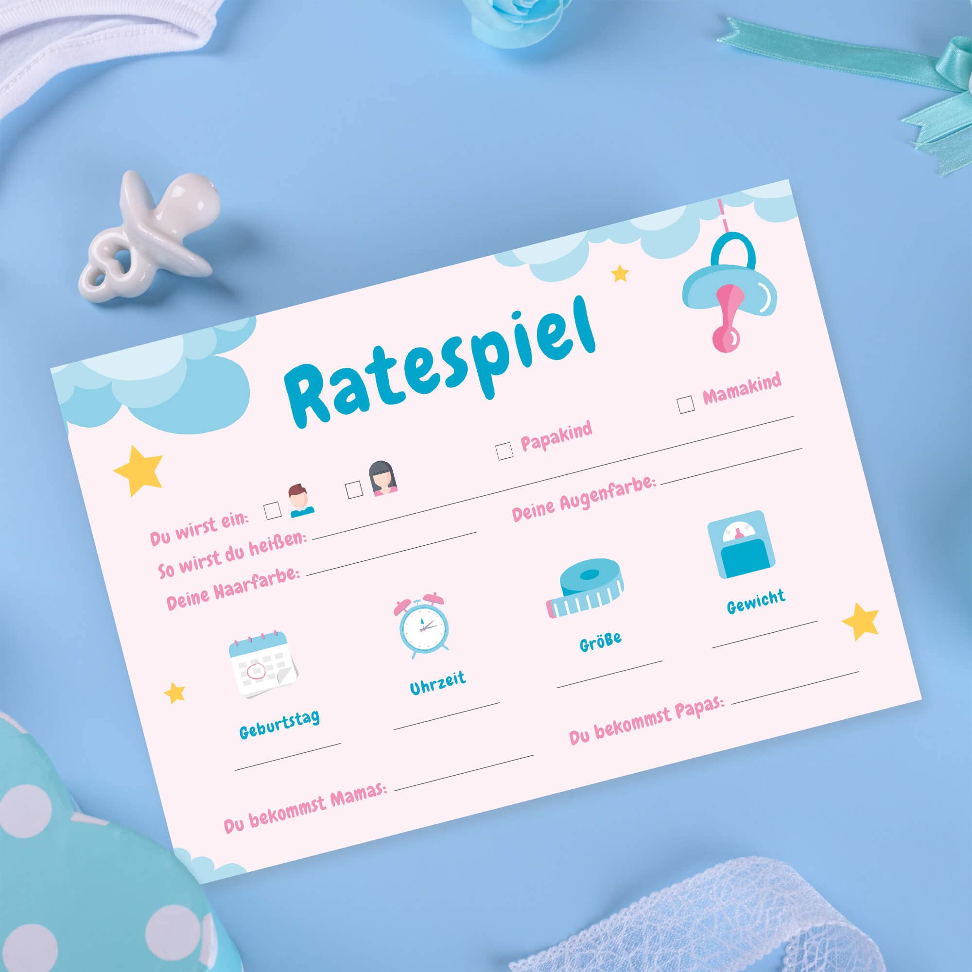 20x Mama/Papa Babyparty-Spielkarten – Blaues Glitzer-Design Für Jungen