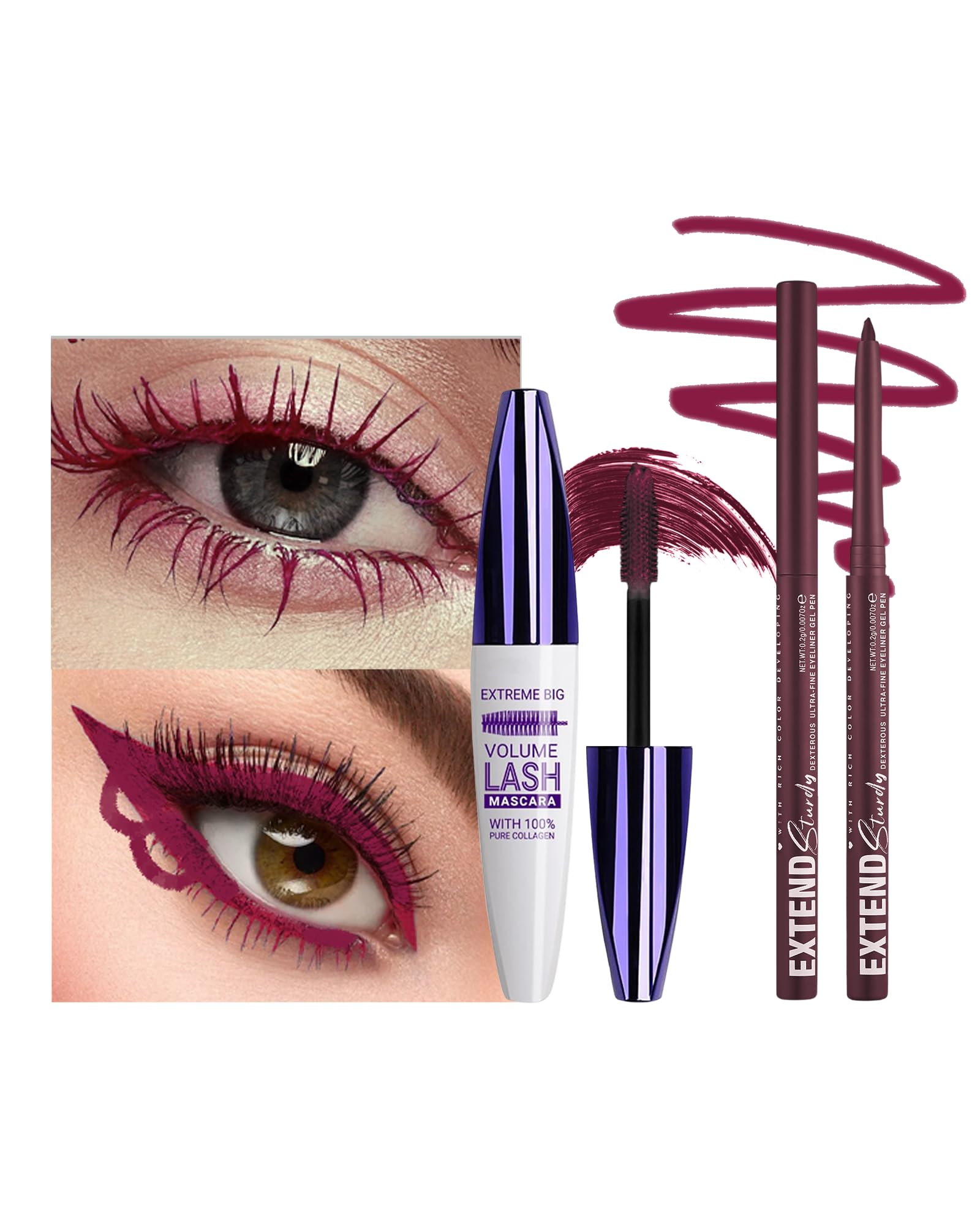 Burgundy Red Mascara and Eyeliner Set, Waterproof Mascara Makeup for Women | 5D Maroon Mascara, Volume and Length, Natural, Smudge Proof Red Eyeliner Pencil, Matte Eyeliner Makeup for Halloween