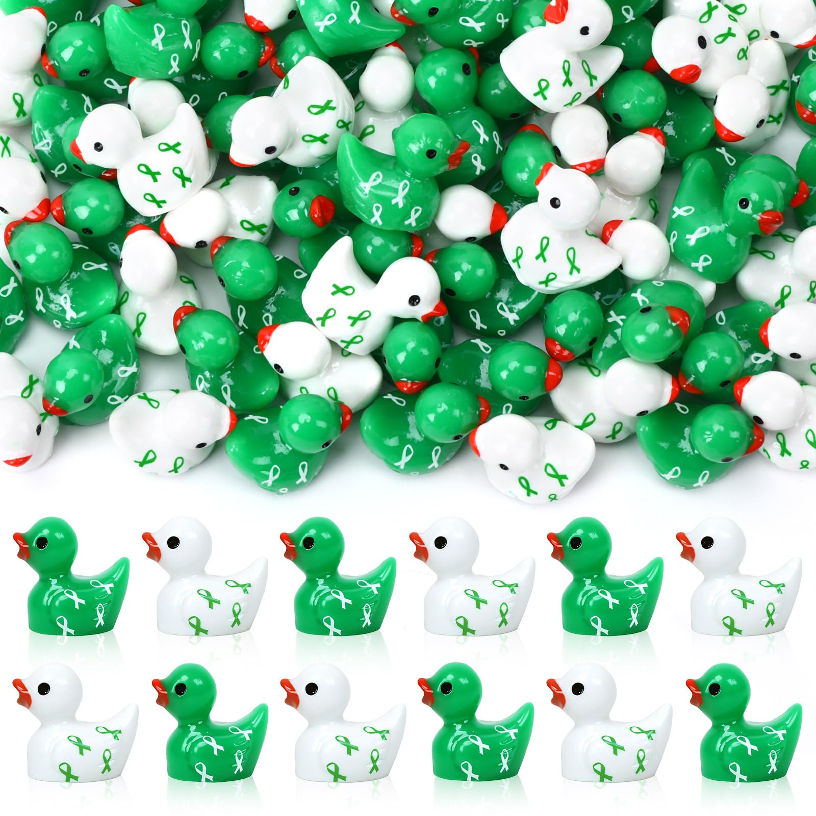 DTOFOOT 80 Pack Green Ribbon Resin Ducks, Mini Mental Health Awareness Ducks, Tiny Duck Figurines for Desk Decor DIY Fairy Gardens Spreading Hope Party Favors Activities