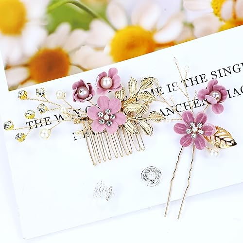 Miniatura 8 de Cinaci 18 piezas para novia, boda, fiesta, graduación, perlas, diamantes de imitación, flores moradas, peines laterales, diapositivas+horquillas en