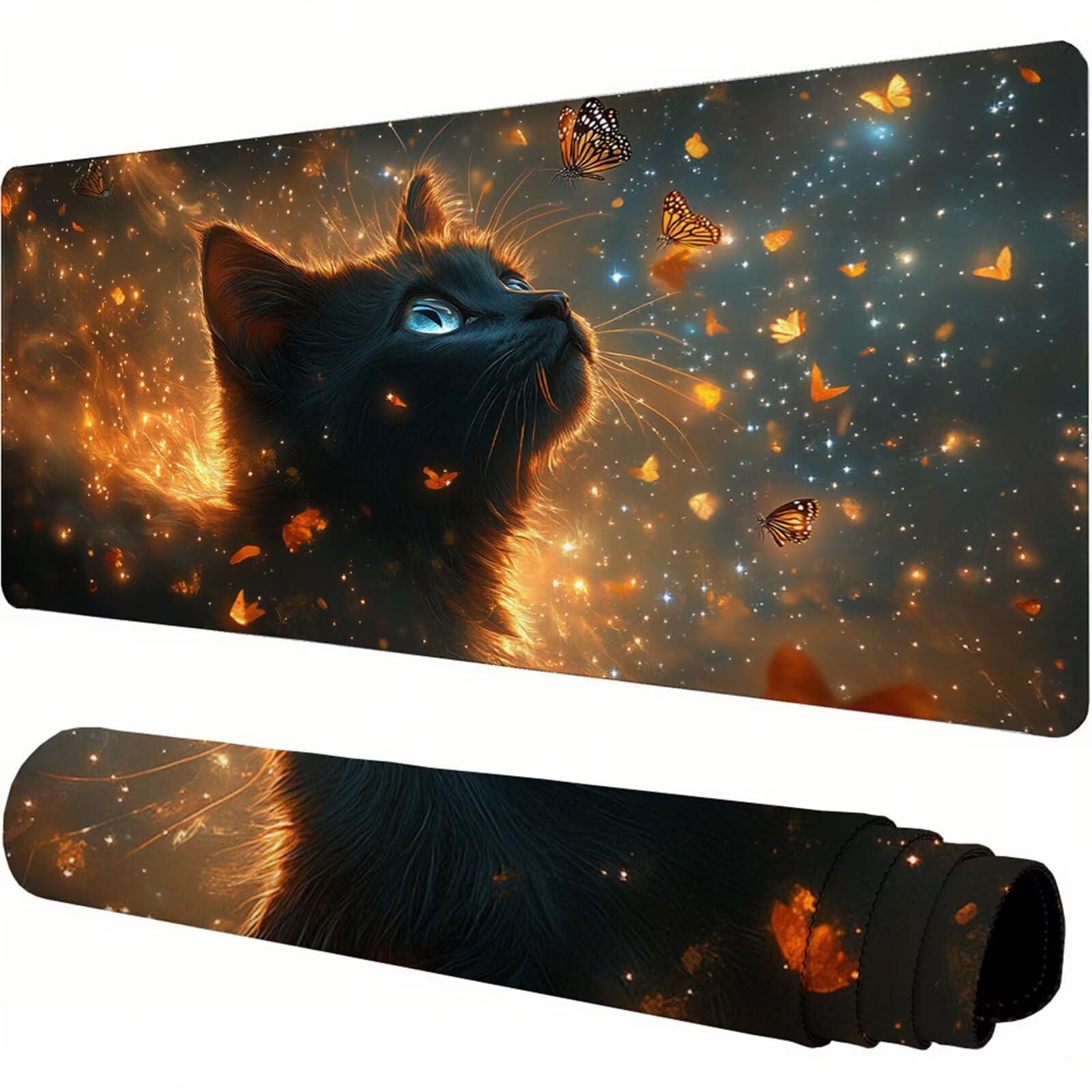 Czarna podkładka pod mysz XXL 1500 x 800 x 3 mm kot pod ręką akcesoria na biurko antypoślizgowa gumowa podstawa i szyte krawędzie podkładka pod mysz dla graczy do biura deco, prezenty dla mężczyzn