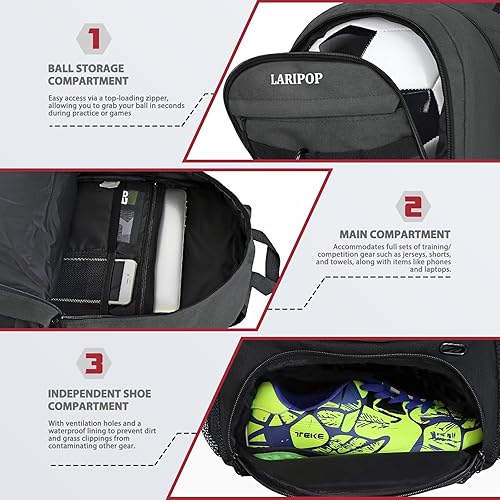 Miniatura 3 de Bolsa de fútbol grande mochila y bolsas de fútbol juvenil para baloncesto, bolsa de voleibol, zapatos de tacos separados y compartimento para