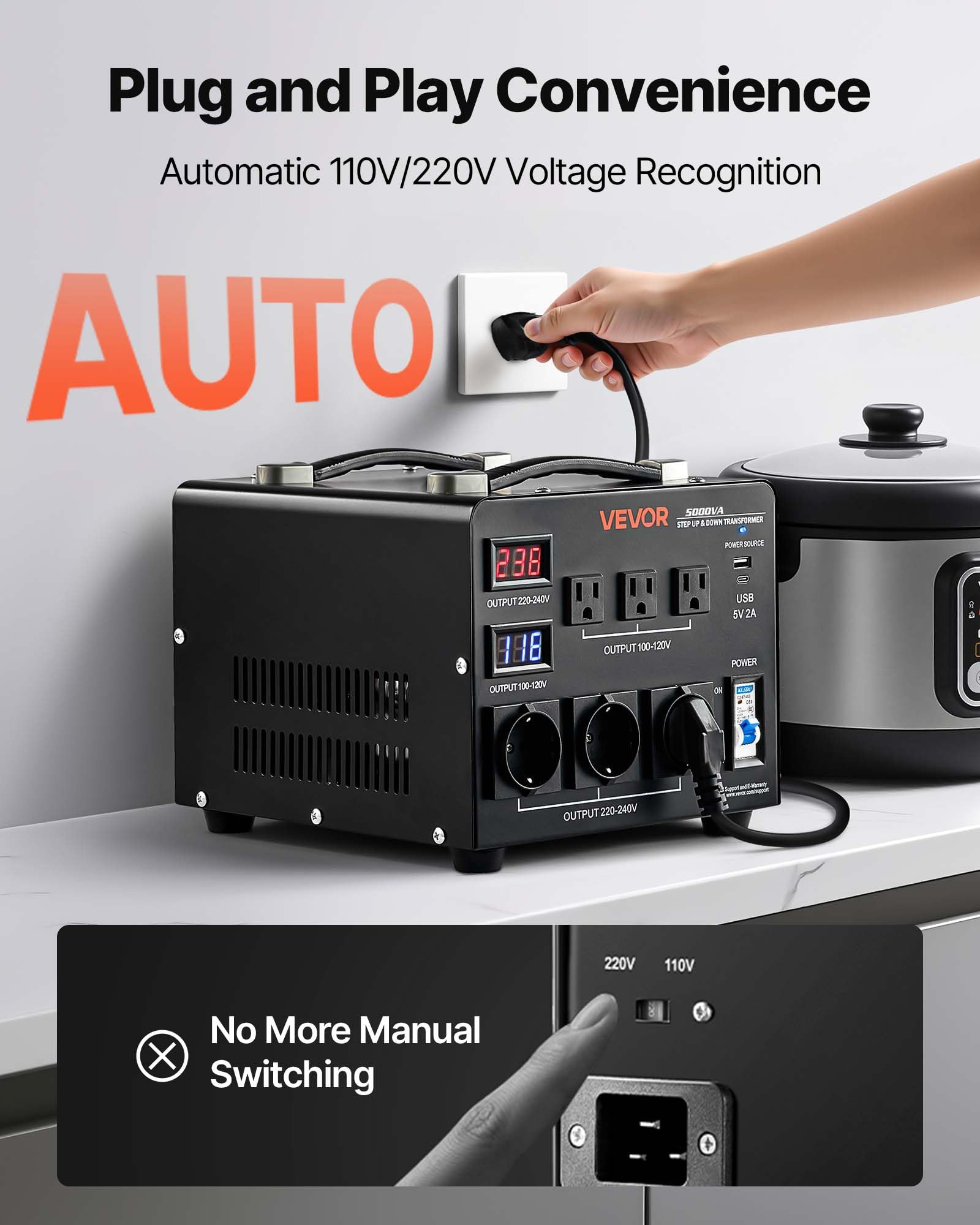 VEVOR Transformator 220 V na 110 V 110 V do 220 V Automatyczny transformator napięcia obniżającego 5000 VA z 3 gniazdami USA, 3 gniazdami UE, wyświetlaczem LCD, kablem zasilającym