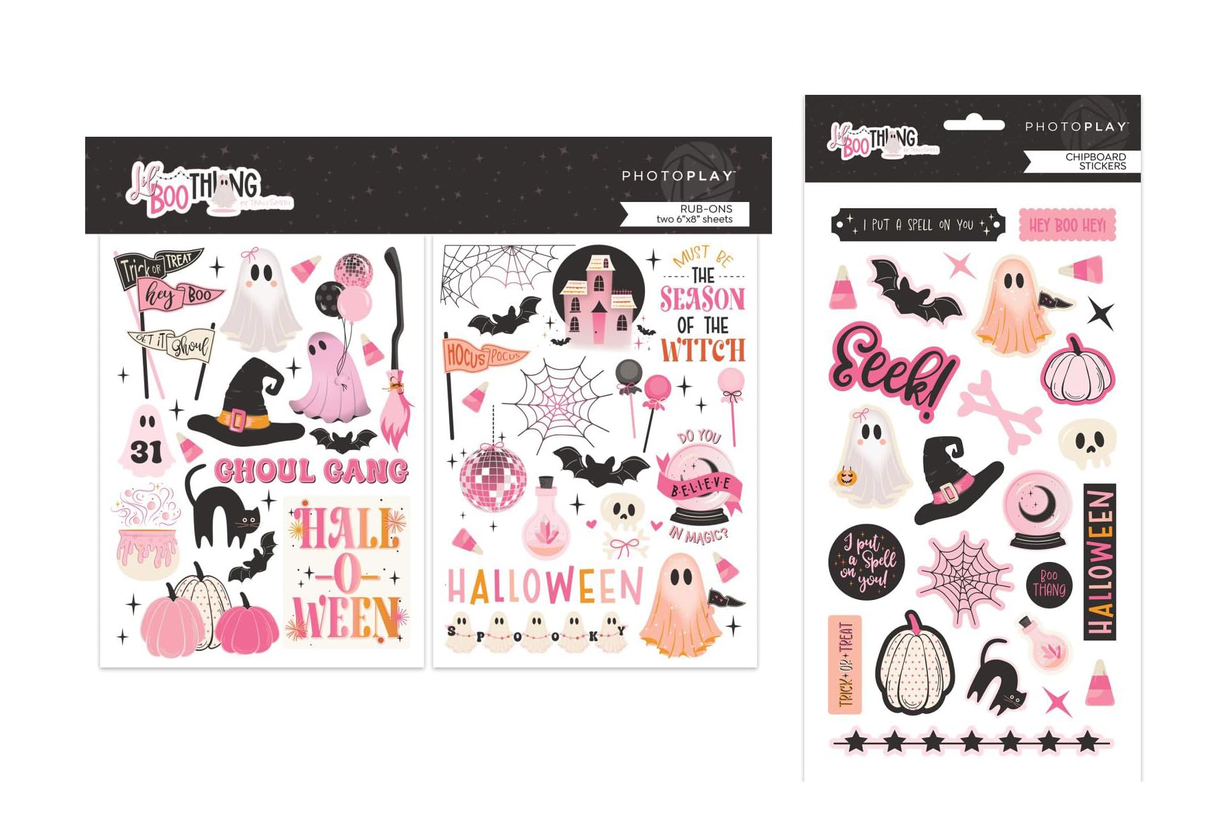 Photoplay Lil' Boo Thing Collection Bundle - 6" x 8" Rub-On Transfer Sheets + Chipboard Stickers