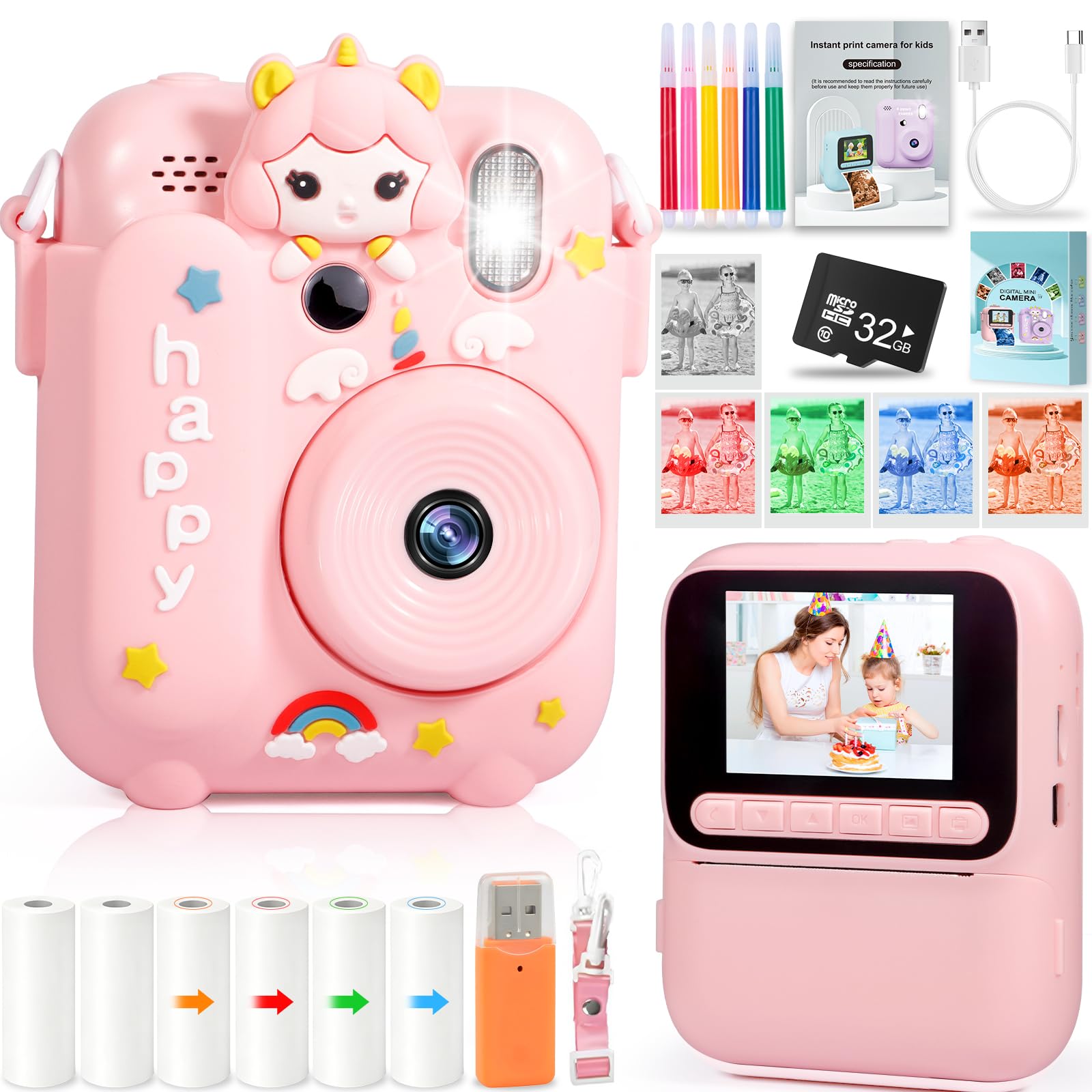 Camara Fotos Infantil Instantanea,2,4 Pulgadas 48 MP Camara Instantánea,HD 1080P Cámara Fotos Infantil con Tarjeta de 32GB y 6 Papel de Impresión,Regalo para Niñas y Niños de 3 a 12 Años