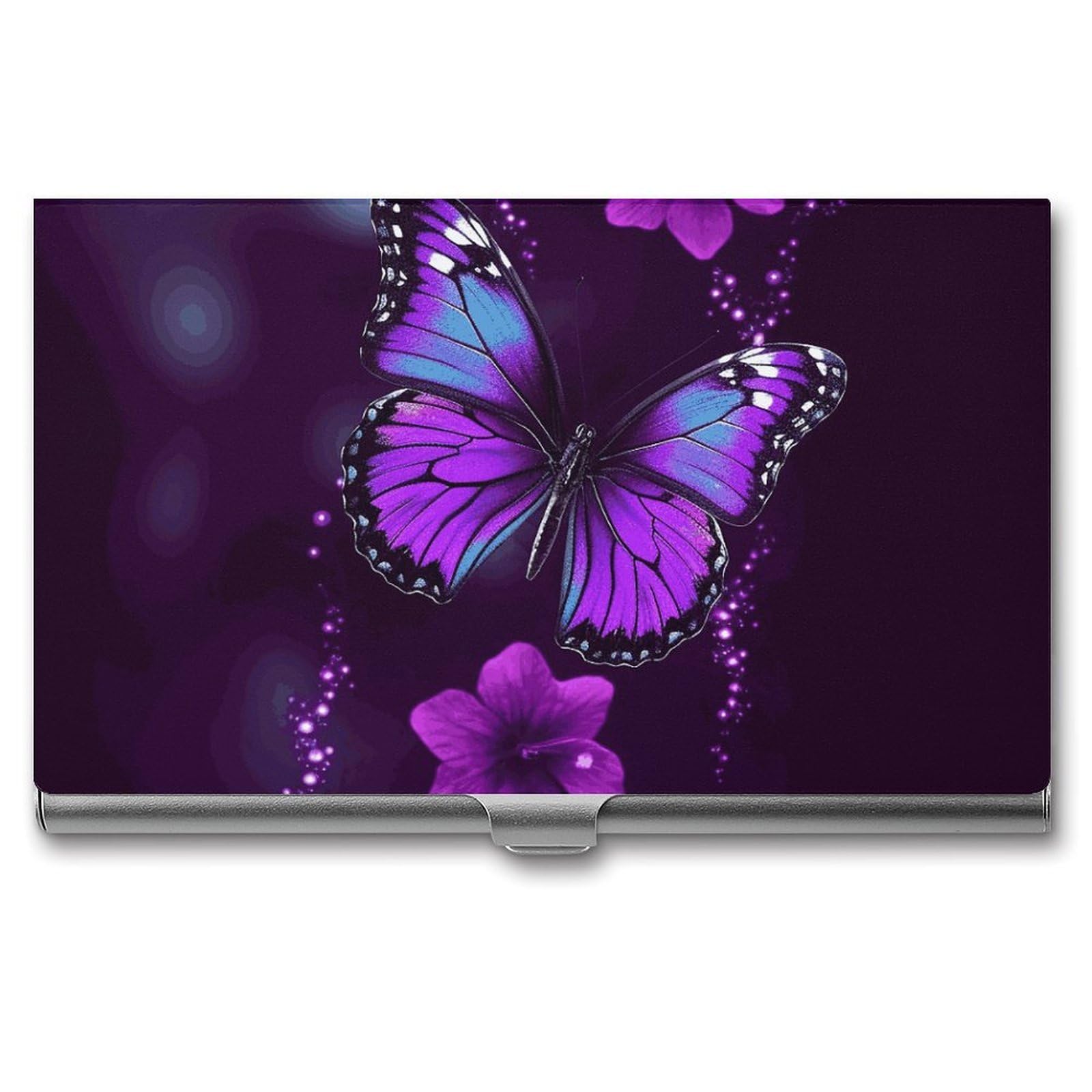 BTCOWZRV Purple Butterfly Business Card Holder Metal Slim Business Card Case, Pocket Card Holder for Men Women Purse Name Card Holder Stainless Steel Wallet Credit ID Case for Office