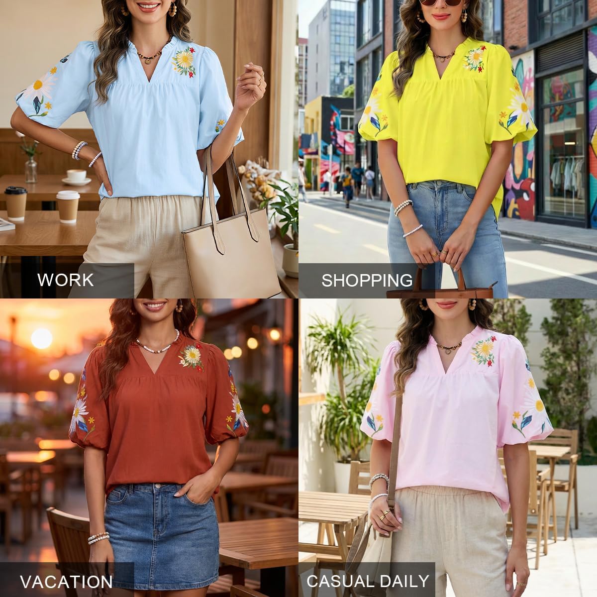 Women's Boho Floral Embroidered Blouse Casual V-Neck Puff Short Sleeve Loose Tunic Top for Summer Shirt Trendy 2026 - Image 5