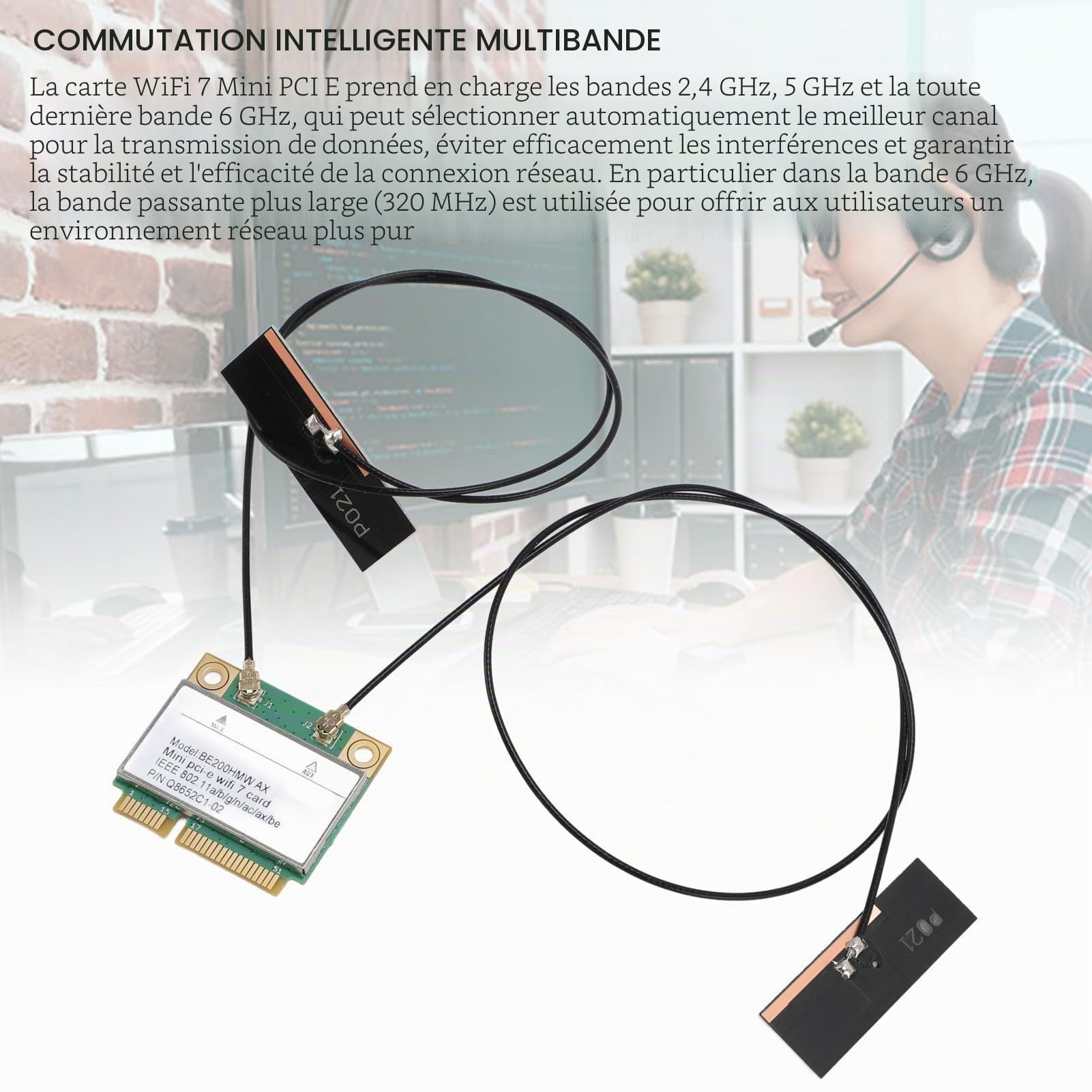 Carte sans Fil WiFi 7, Double Bande 802.11ax Mini PCI-E Adaptateur de Réseau de Carte WiFi, BT5.4 2,4 GHz 574Mbps 5 GHz 2,4 Gbps 6GHz 5800Mbps pour Les Ordinateurs Portables (avec antenne)