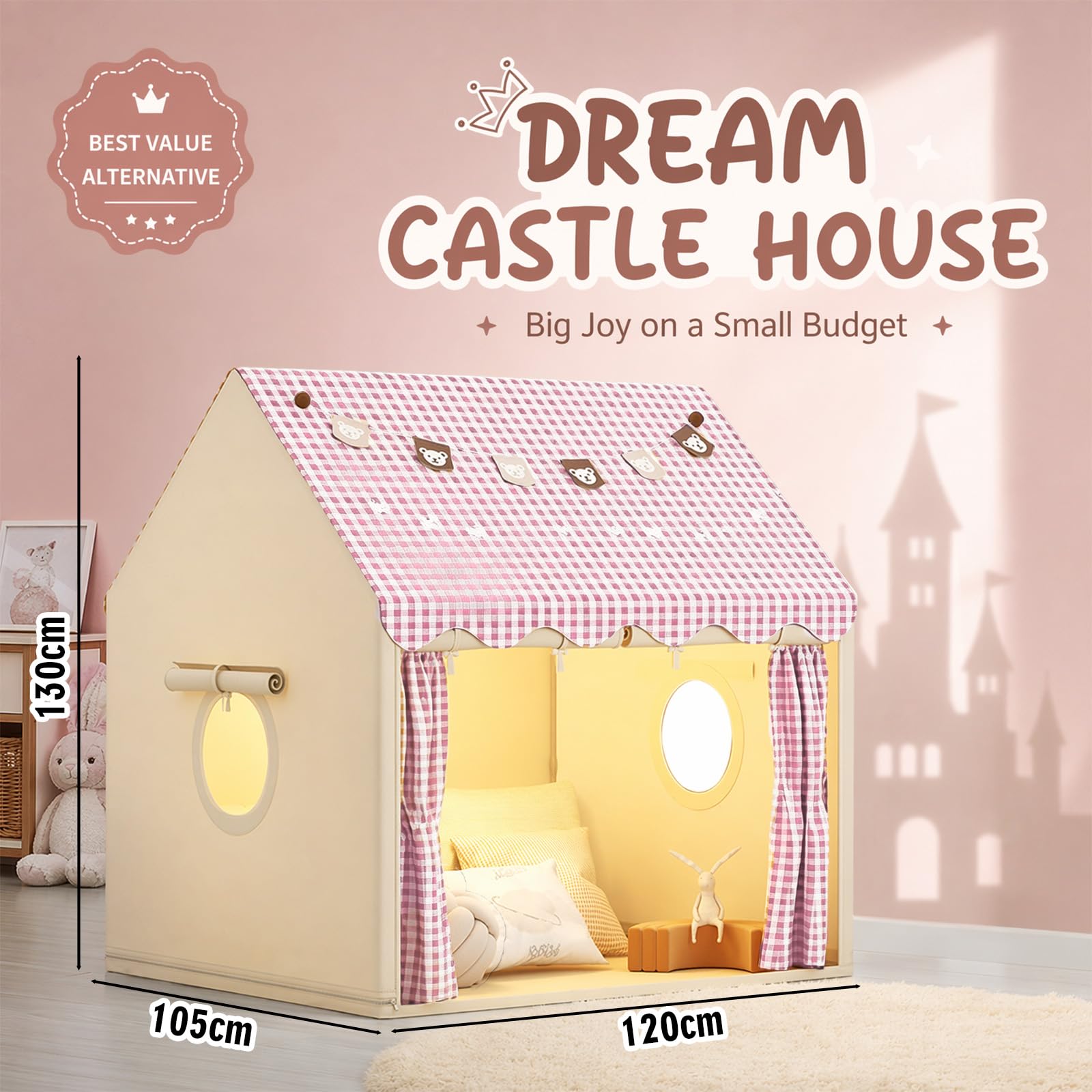 MeYuxg Kinderzelt Indoor,Prinzessin Zelt mit Fenstern und Kleine Bär Bunte Fahnen,120×105×128cm Innenbettzelt für Kleinkinder,Spielzelt für drinnen,Kinder Spielhaus für Jungen und Mädchen