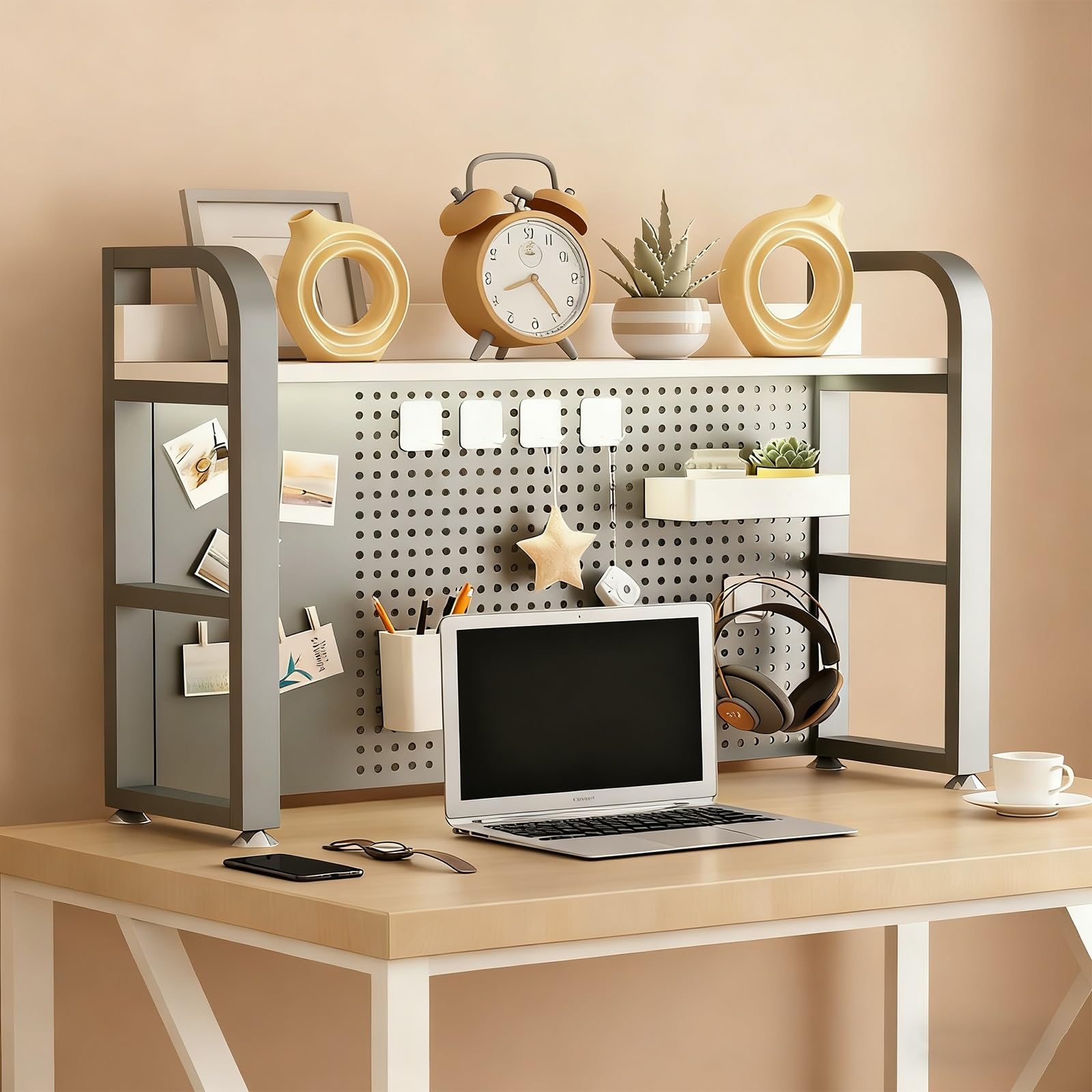 Metall-Schreibtischregal, Aufsatzregal mit Lochwand, Metall-Schreibtischregal, Schreibtisch-Aufbewahrungsregal, für Zuhause, Büro, Studentenwohnheim, Aufbewahrung (Holz, doppellagig, 60 cm/2