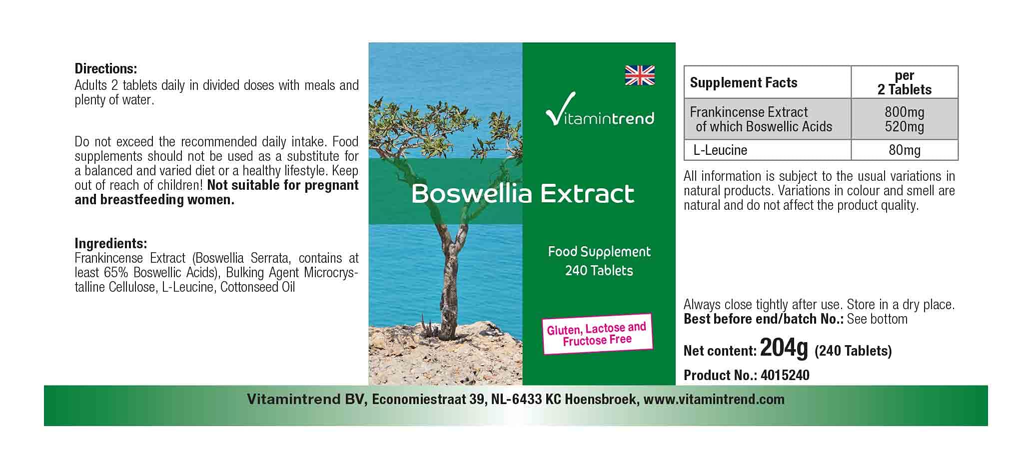 Vitamintrend Extrait de Boswellia, 240 comprimés, standardisé en acides boswelliques, complément alimentaire végan sans stéarate de magnésium, fabriqué en Allemagne