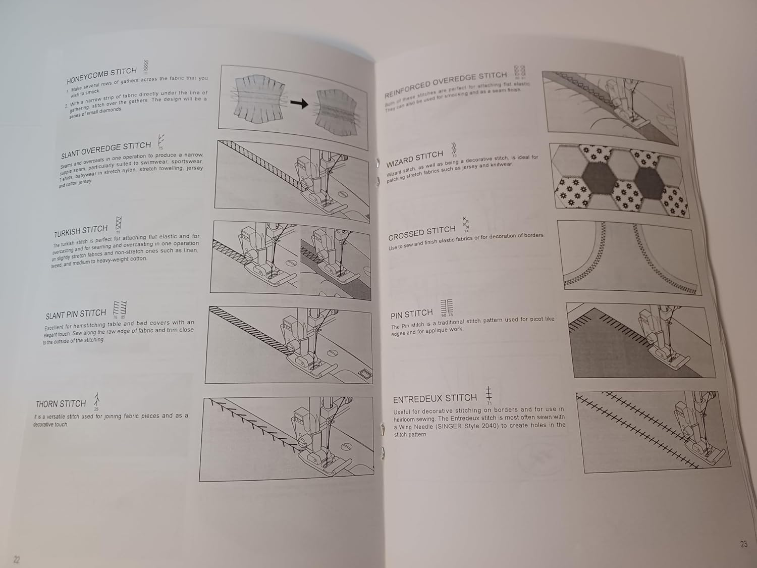 Manual page showing various decorative and utility stitches