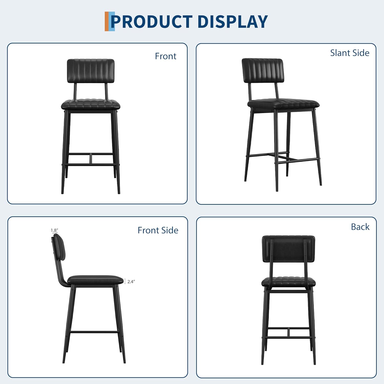 IDEALHOUSE Bar Stools Set of 2 w/Back & Footrest, Counter Height Bar Stools Set of 2 with Thick Cushion & Thickened Metal Legs, Upholstered Counter Height Bar Stools for Island, Counter Bar, Black