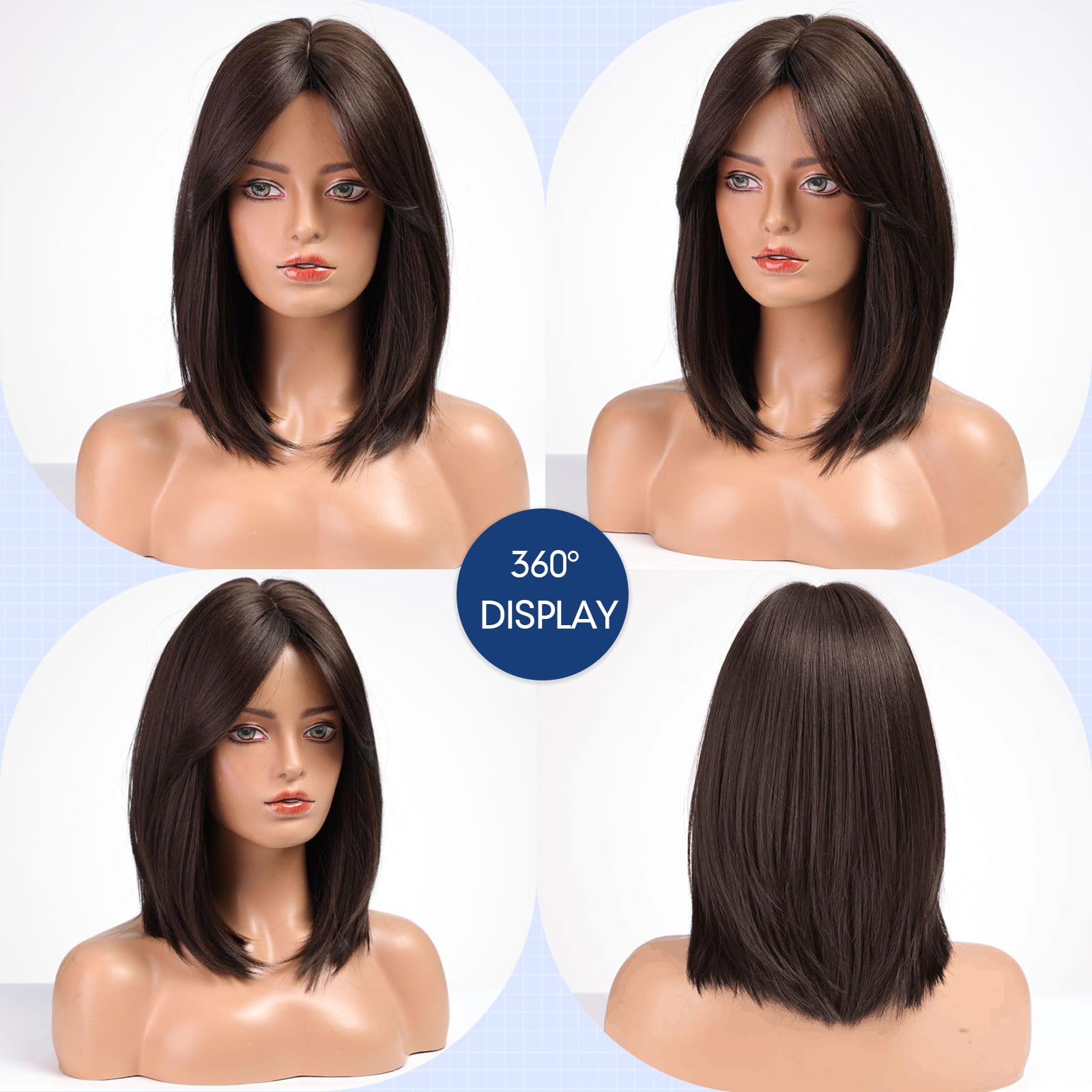HAIRCUBE Damen Perücke 16 Zoll Dunkelbraun Synthetische Perücke mit Bangs Welle für Täglich und Cosplay